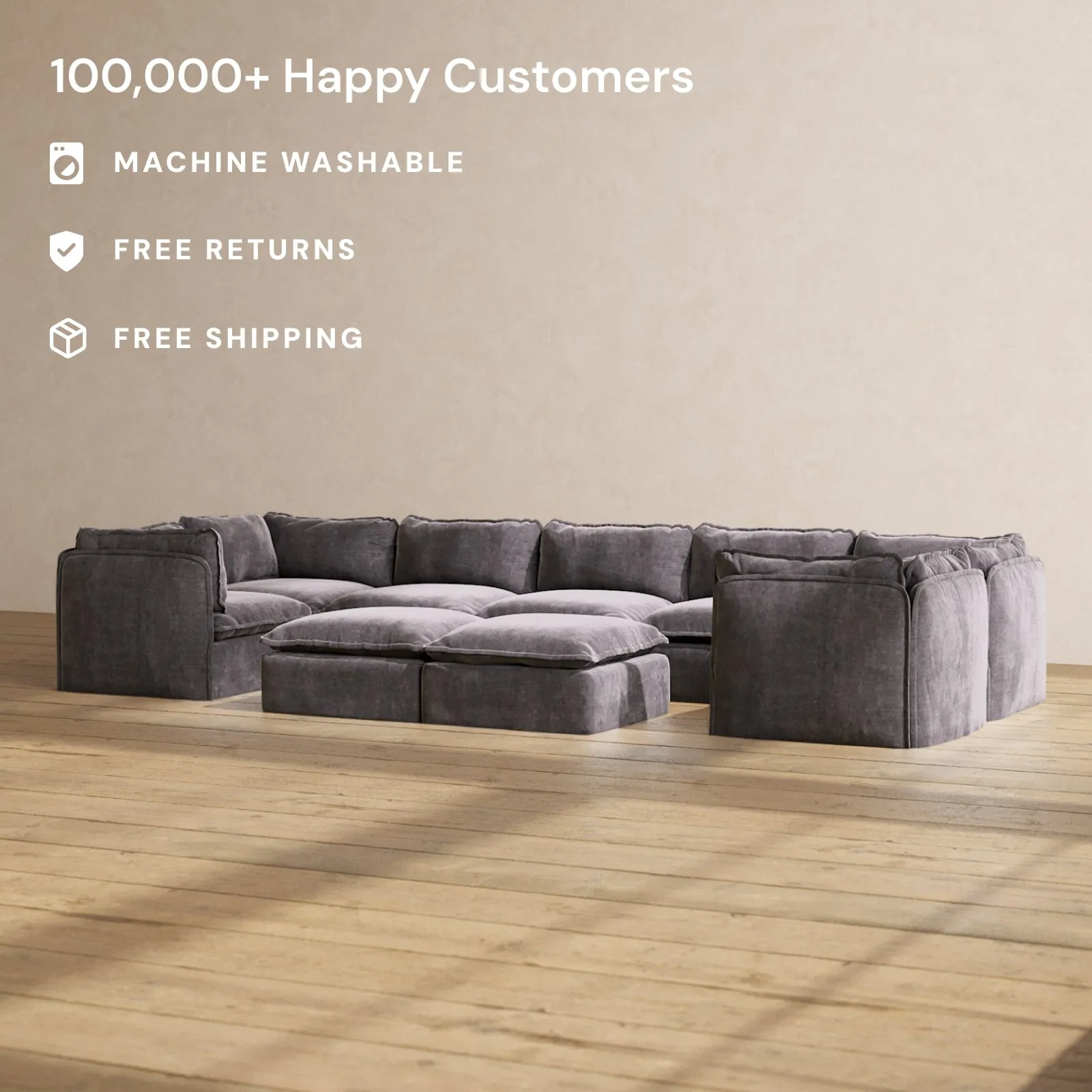Modular Performance 7-Seater U-Sectional   Bench Ottoman in Cinder | Deluxe Blend