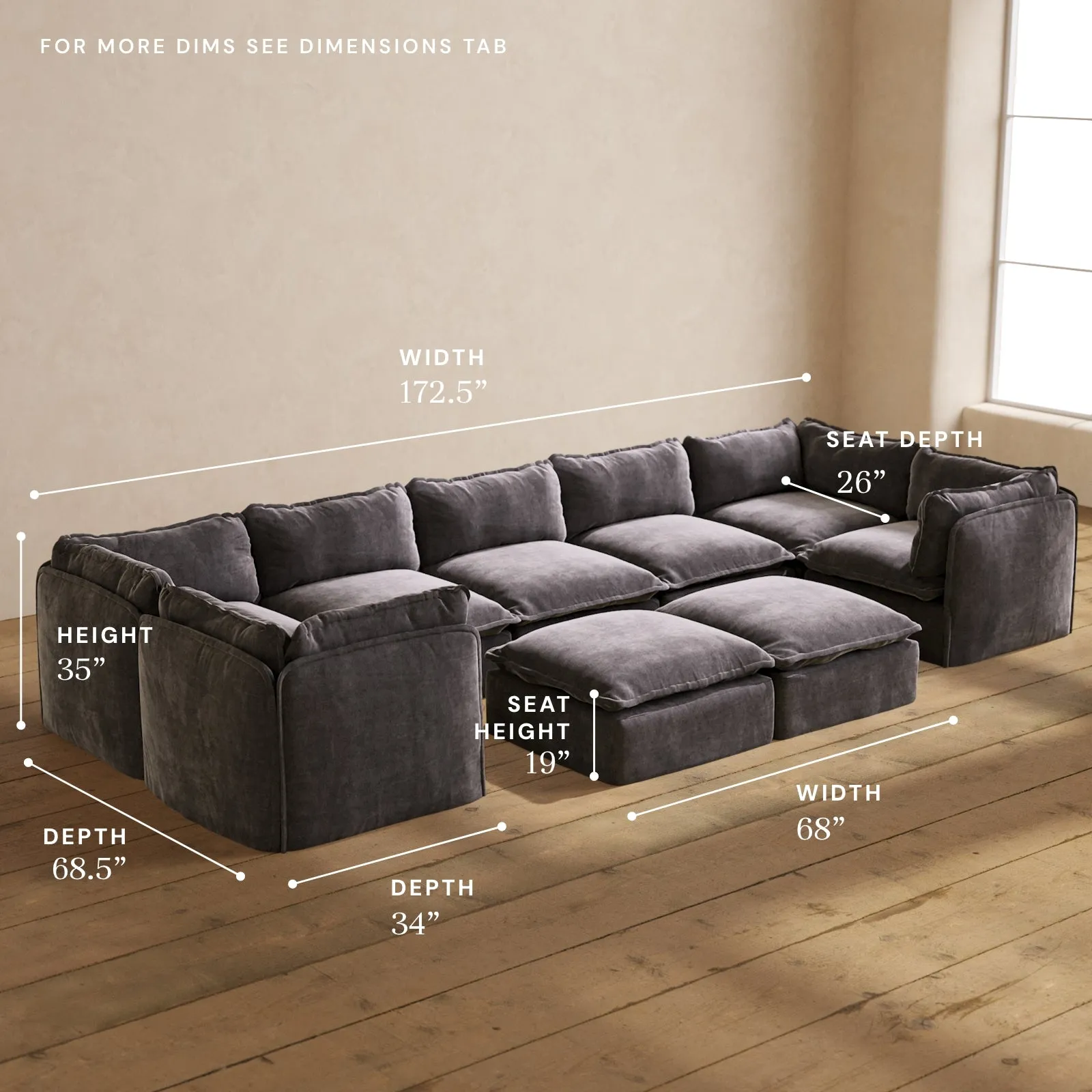 Modular Performance 7-Seater U-Sectional   Bench Ottoman in Cinder | Deluxe Blend