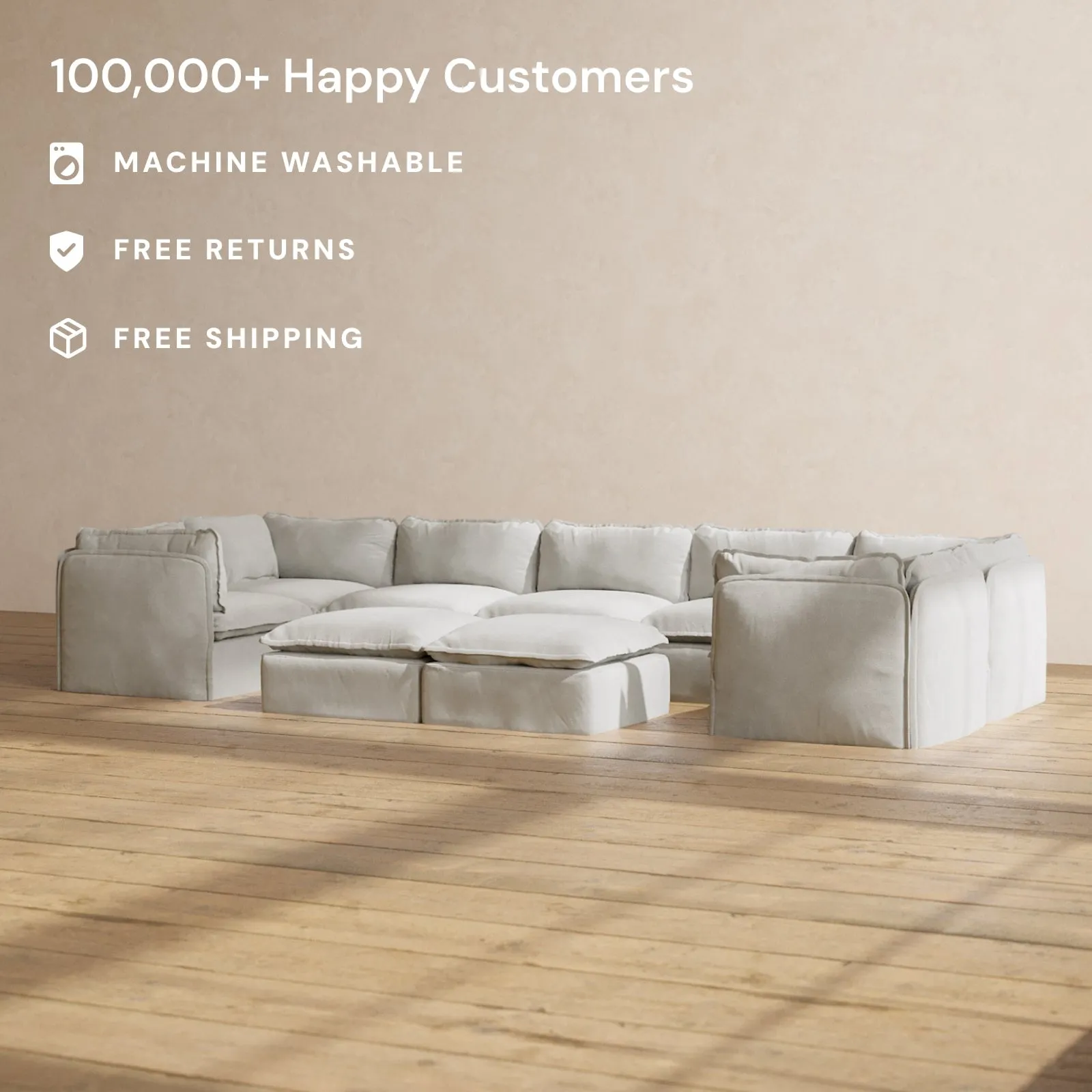 Modular Performance 7-Seater U-Sectional   Bench Ottoman in Cloud | Deluxe Blend