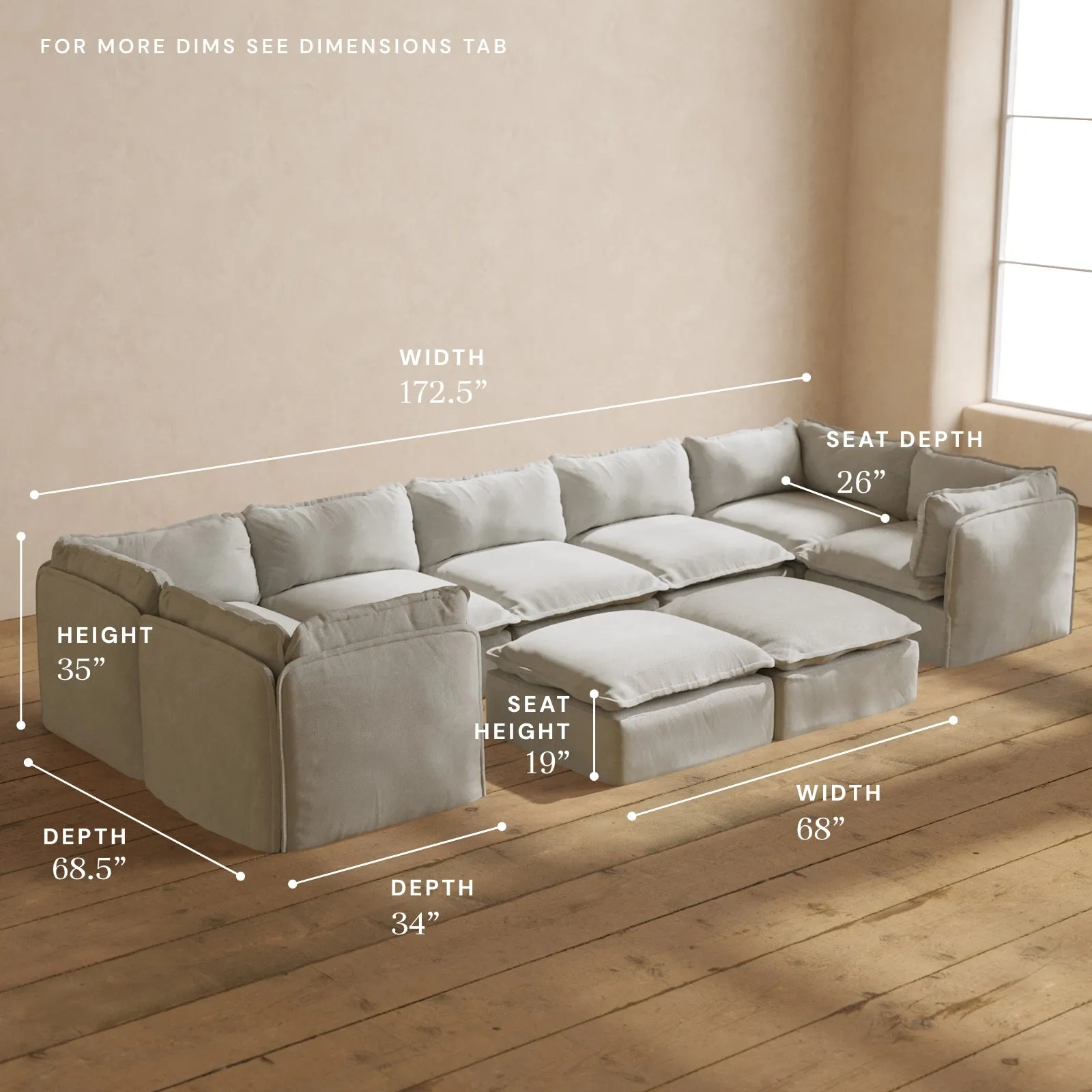 Modular Performance 7-Seater U-Sectional   Bench Ottoman in Cloud | Deluxe Blend