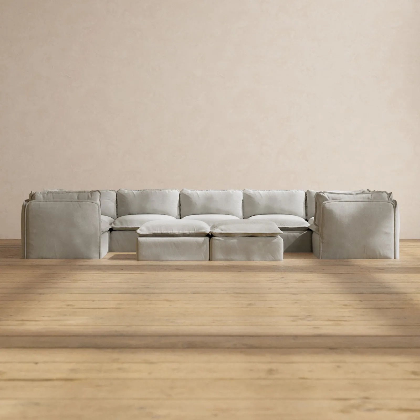 Modular Performance 7-Seater U-Sectional   Bench Ottoman in Cloud | Deluxe Blend