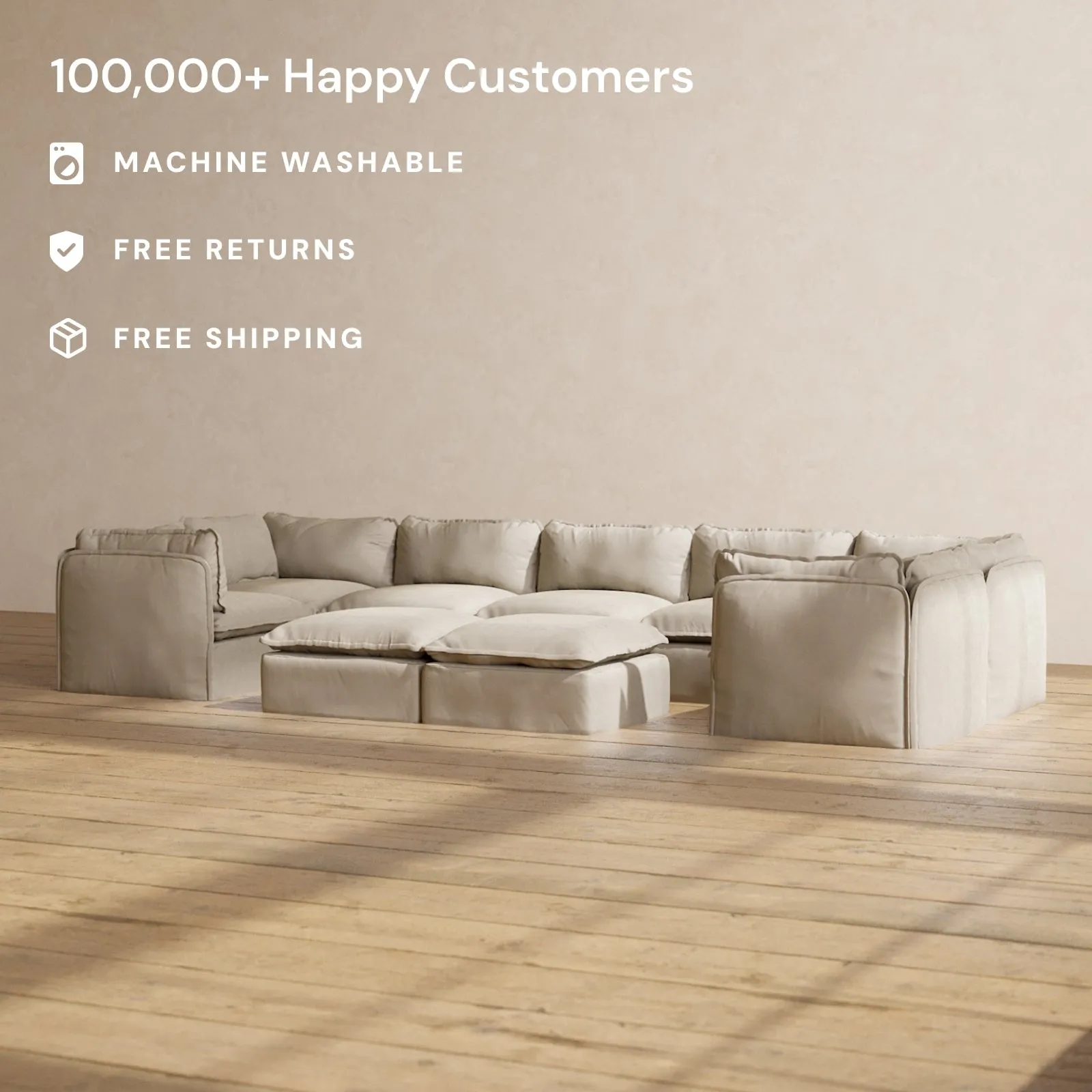 Modular Performance 7-Seater U-Sectional   Bench Ottoman in Dune | Relaxed Blend