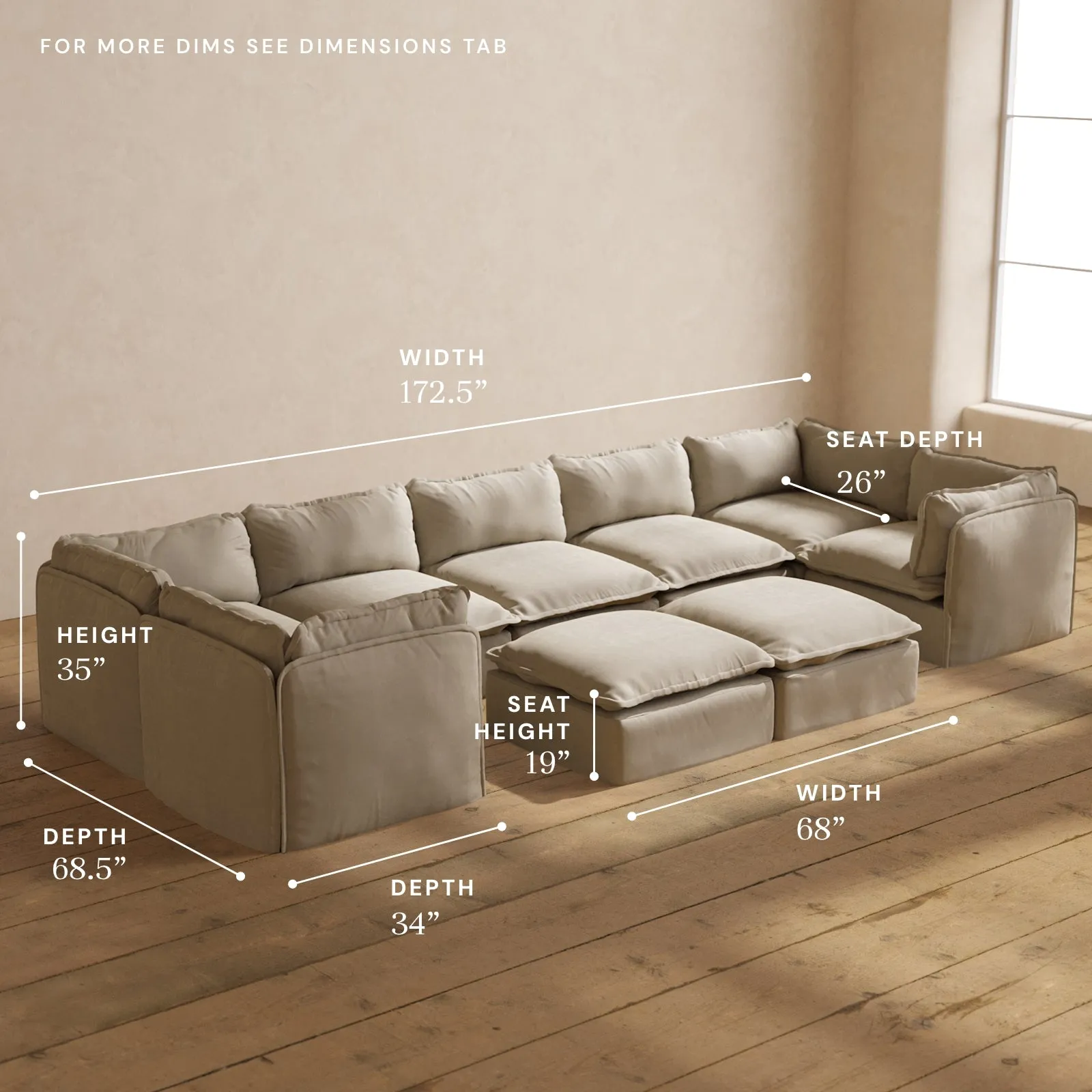 Modular Performance 7-Seater U-Sectional   Bench Ottoman in Dune | Relaxed Blend