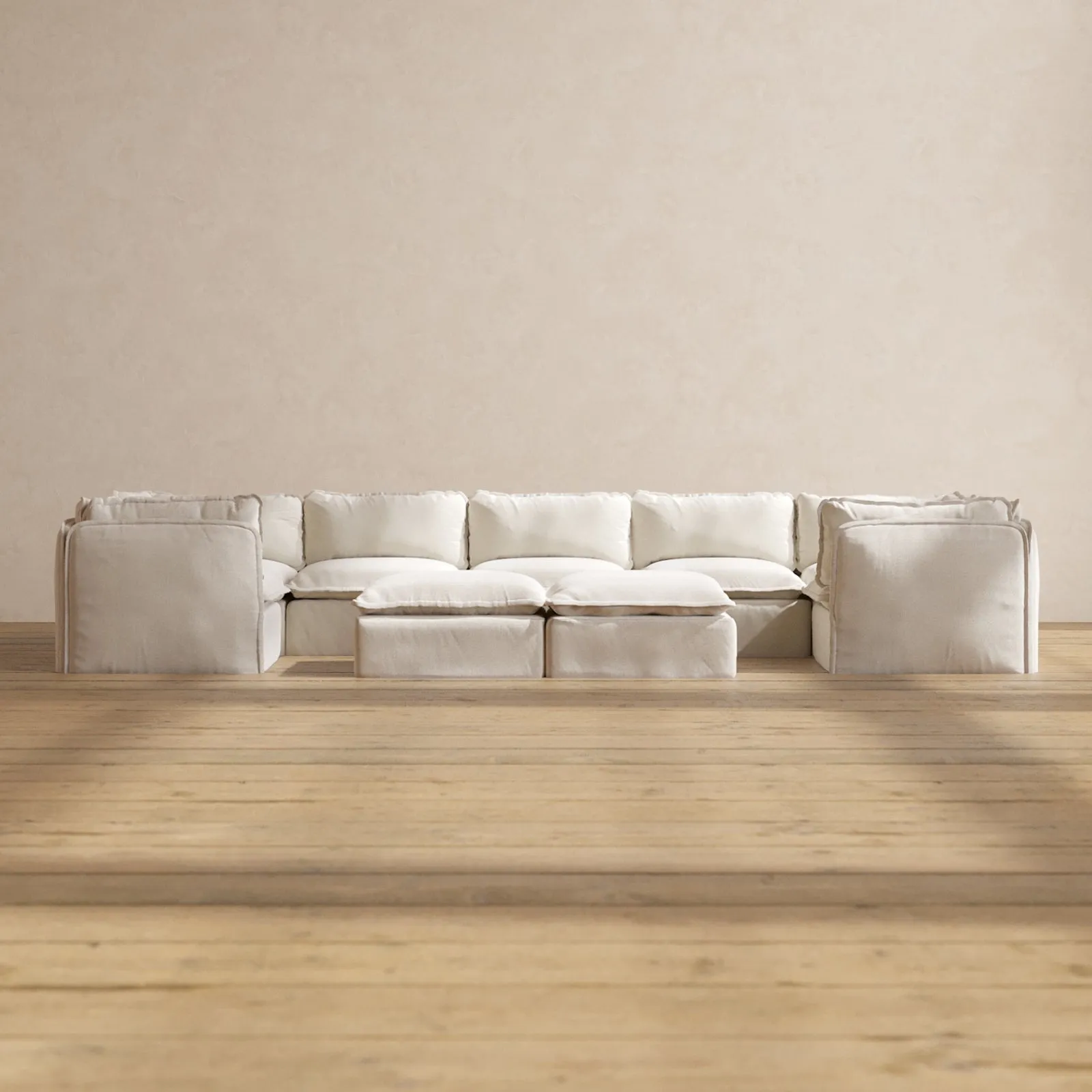 Modular Performance 7-Seater U-Sectional   Bench Ottoman in Flour | Relaxed Blend