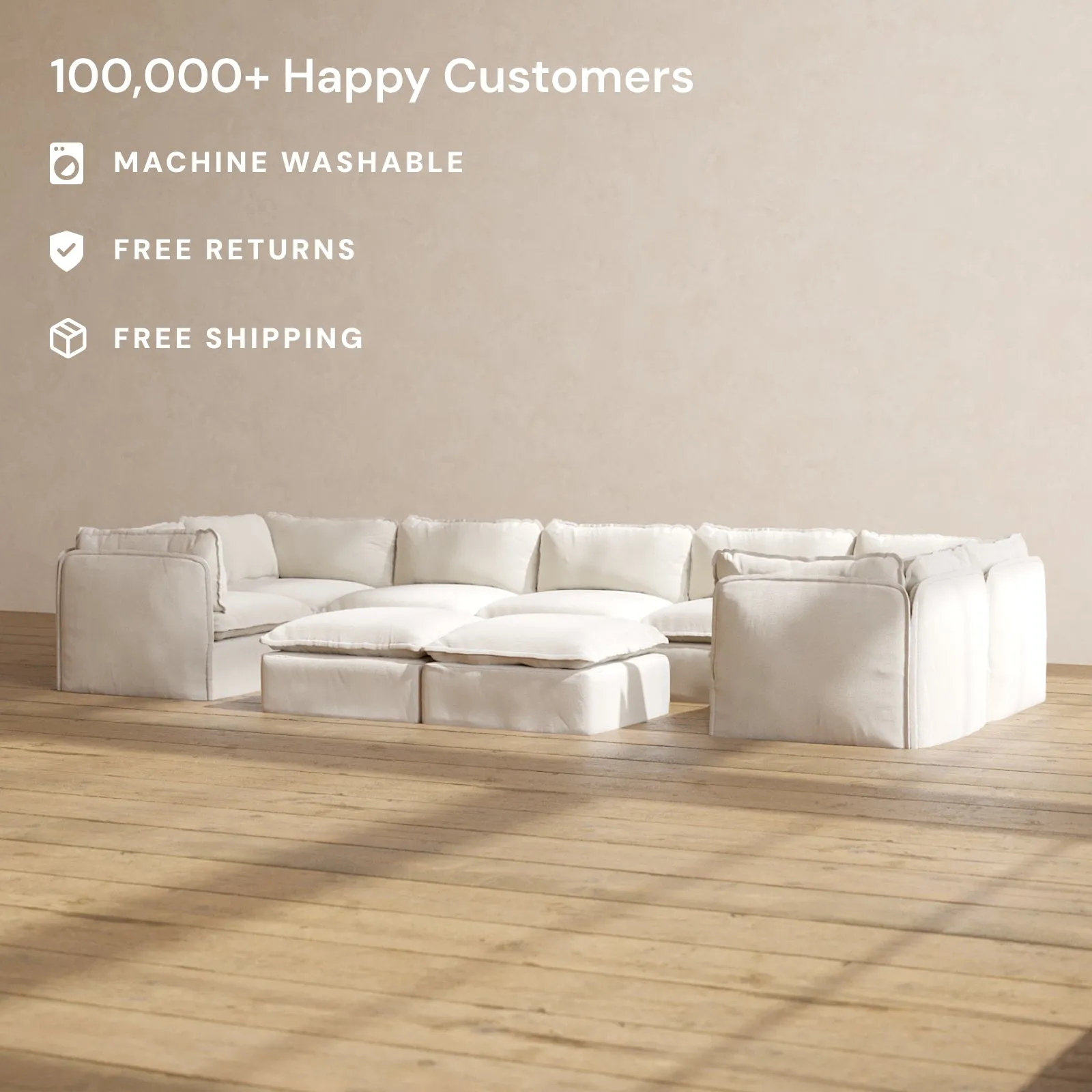Modular Performance 7-Seater U-Sectional   Bench Ottoman in Flour | Relaxed Blend
