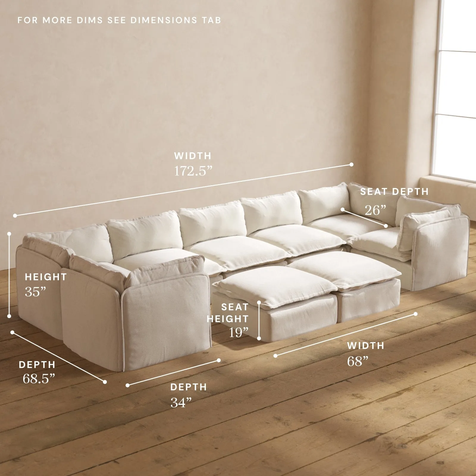 Modular Performance 7-Seater U-Sectional   Bench Ottoman in Flour | Relaxed Blend