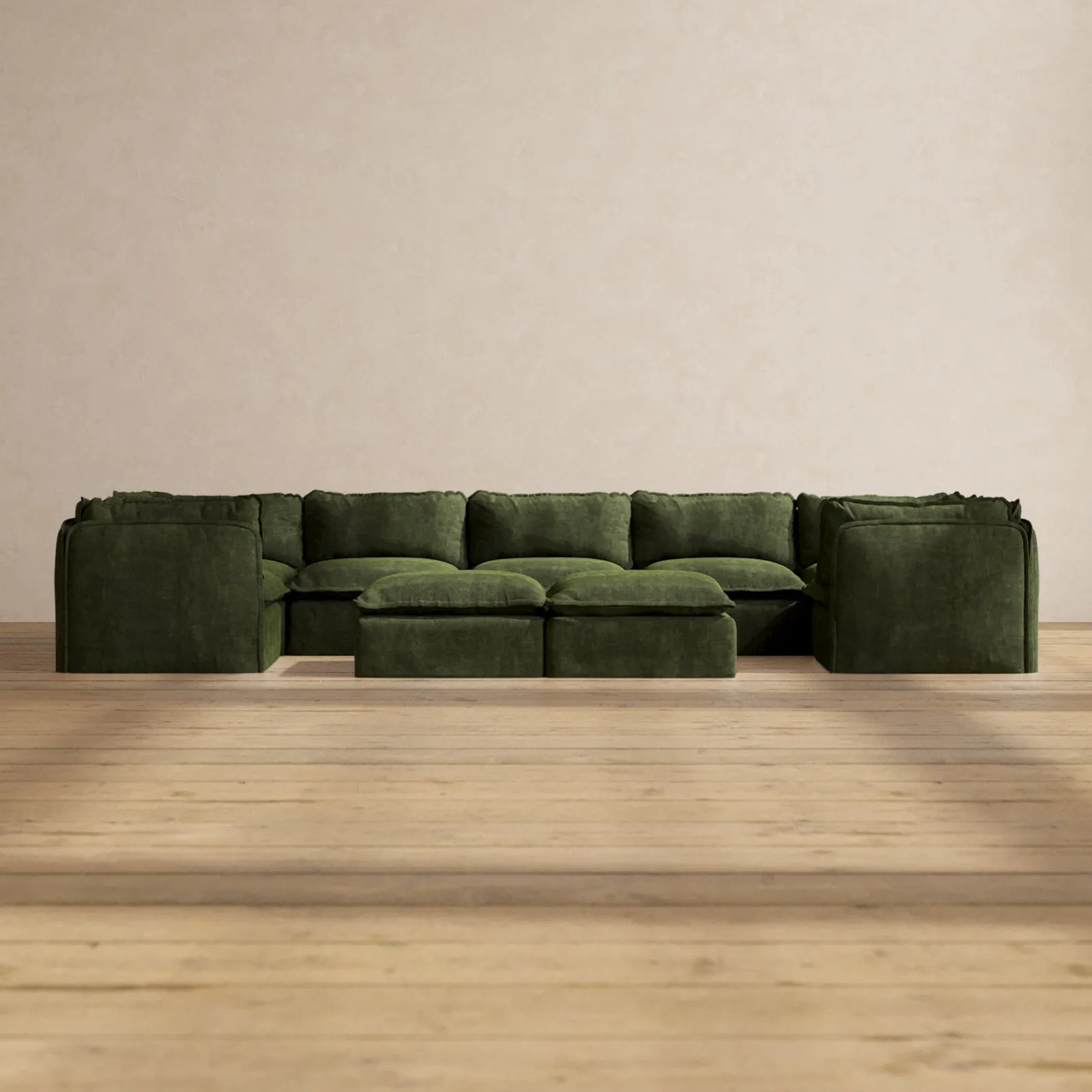Modular Performance 7-Seater U-Sectional   Bench Ottoman in Olive | Deluxe Blend
