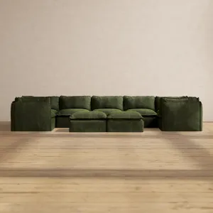 Modular Performance 7-Seater U-Sectional   Bench Ottoman in Olive | Deluxe Blend