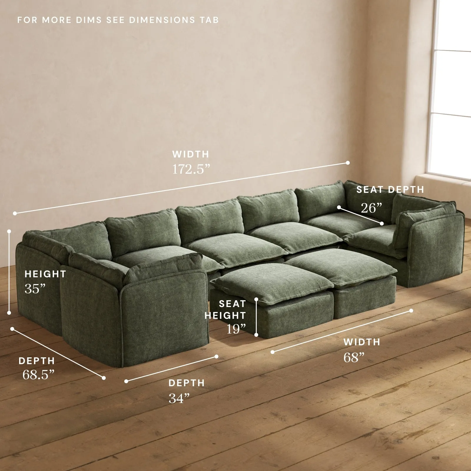 Modular Performance 7-Seater U-Sectional   Bench Ottoman in Willow | Relaxed Blend