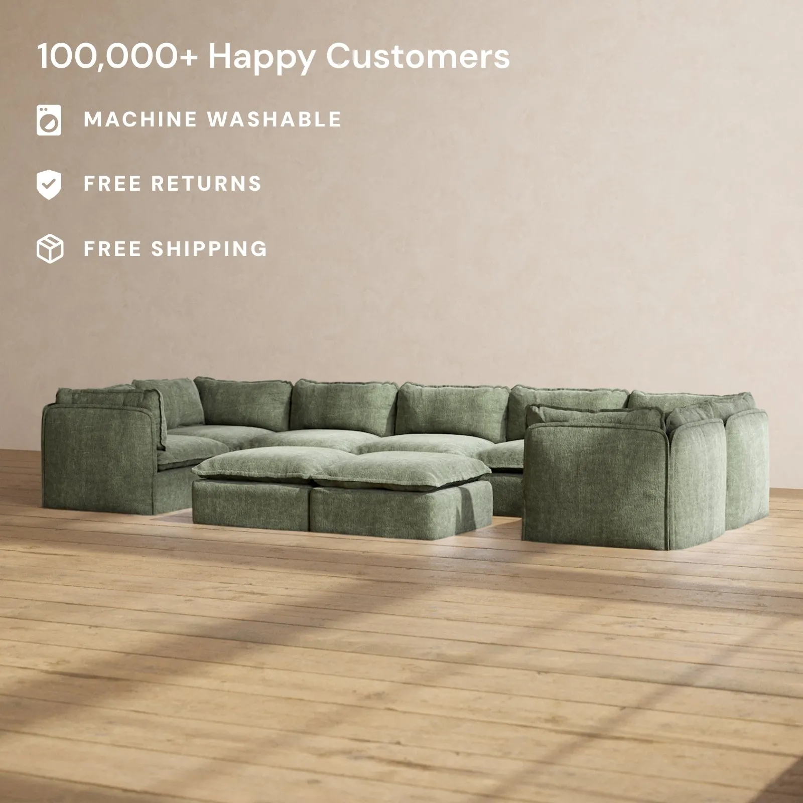 Modular Performance 7-Seater U-Sectional   Bench Ottoman in Willow | Relaxed Blend
