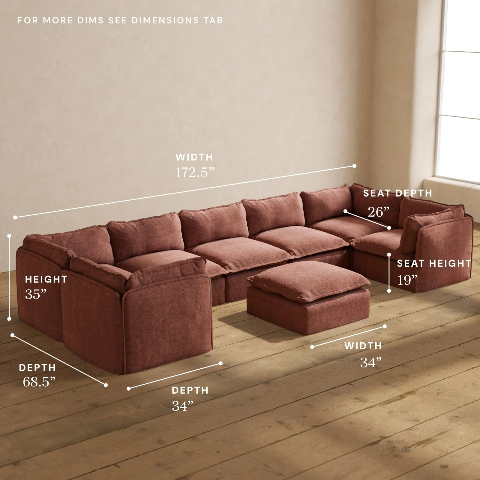Modular Performance 7-Seater U-Sectional   Ottoman in Chestnut | Deluxe Blend