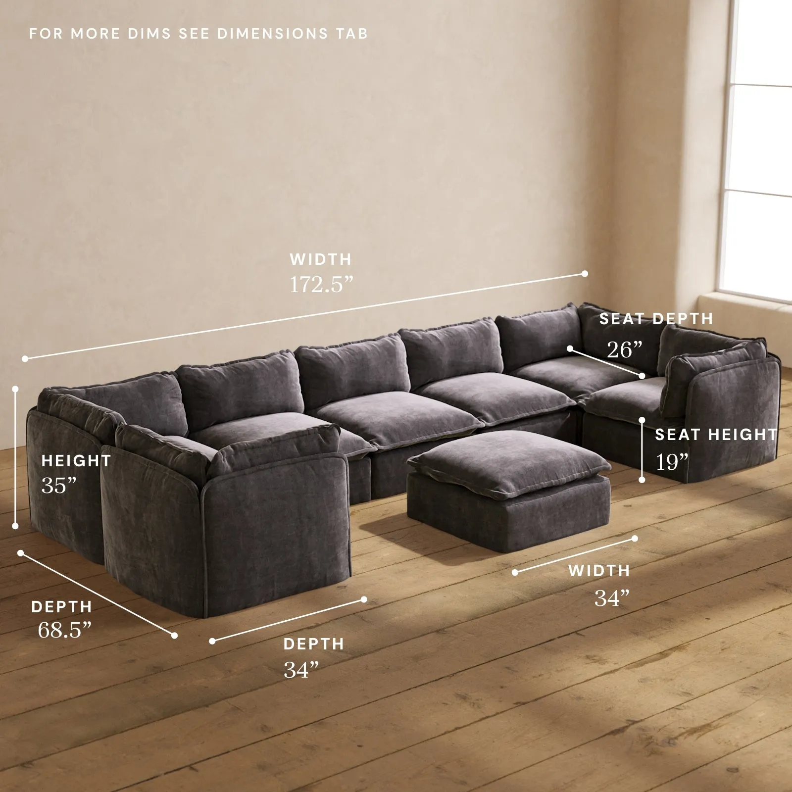 Modular Performance 7-Seater U-Sectional   Ottoman in Cinder | Deluxe Blend