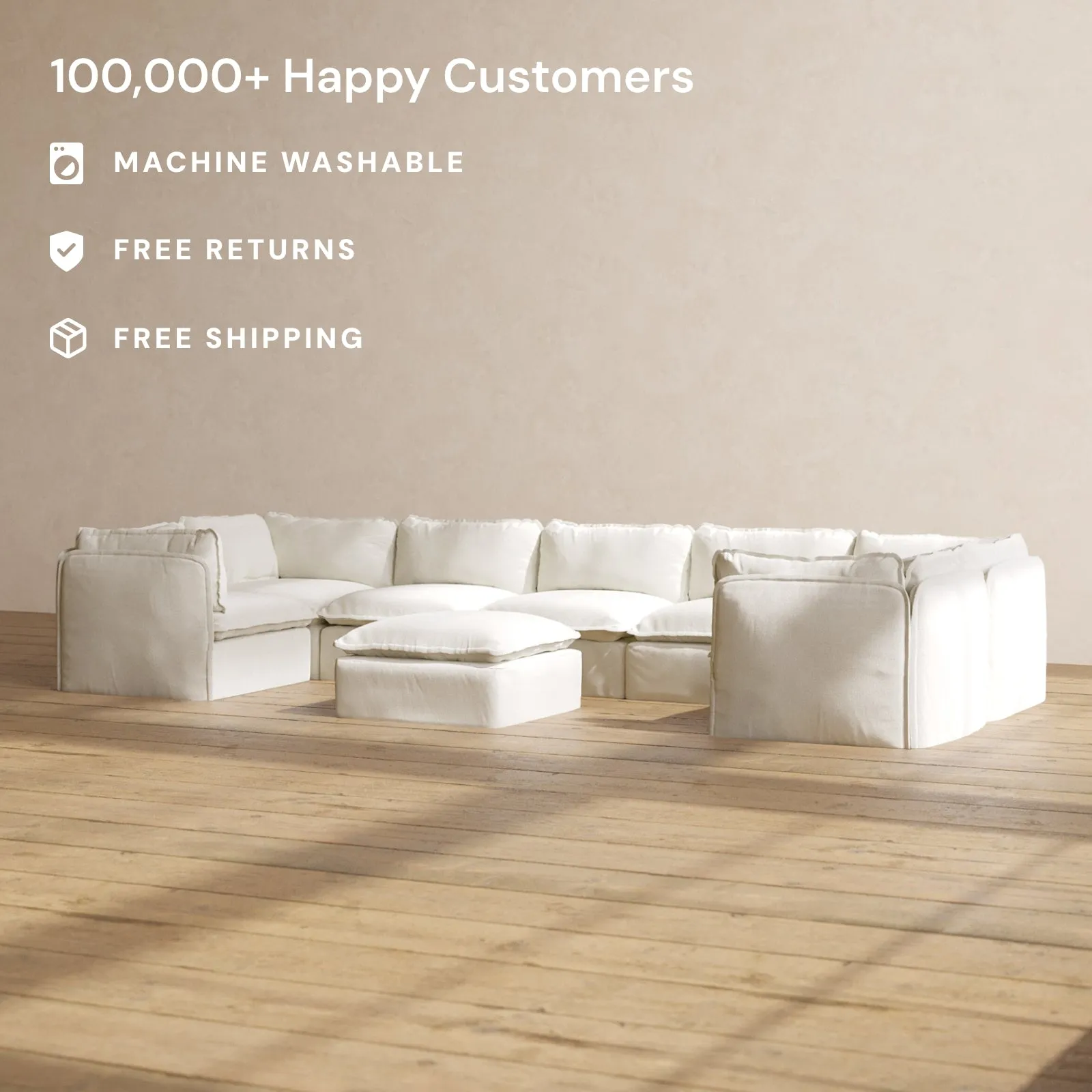 Modular Performance 7-Seater U-Sectional   Ottoman in Eggshell | Relaxed Blend