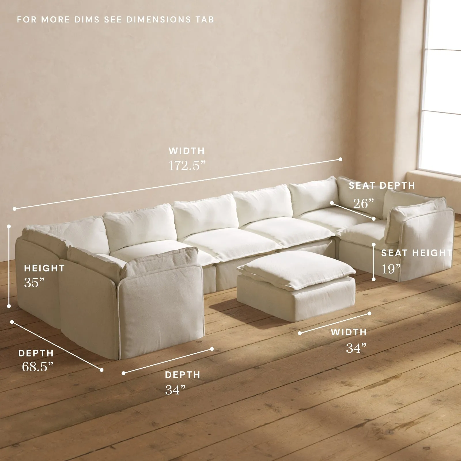 Modular Performance 7-Seater U-Sectional   Ottoman in Eggshell | Relaxed Blend