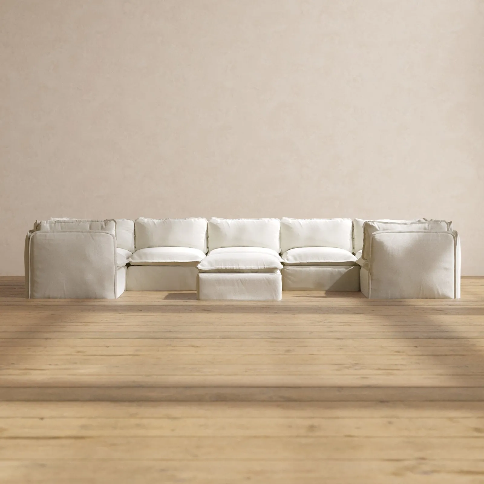 Modular Performance 7-Seater U-Sectional   Ottoman in Eggshell | Relaxed Blend