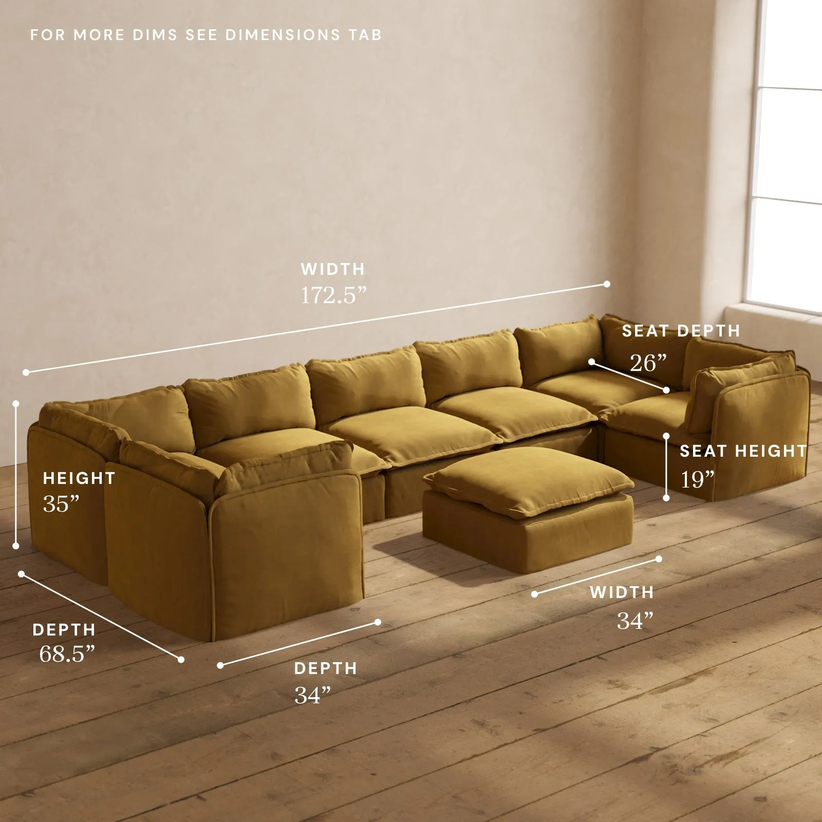 Modular Performance 7-Seater U-Sectional   Ottoman in Toffee | Relaxed Blend