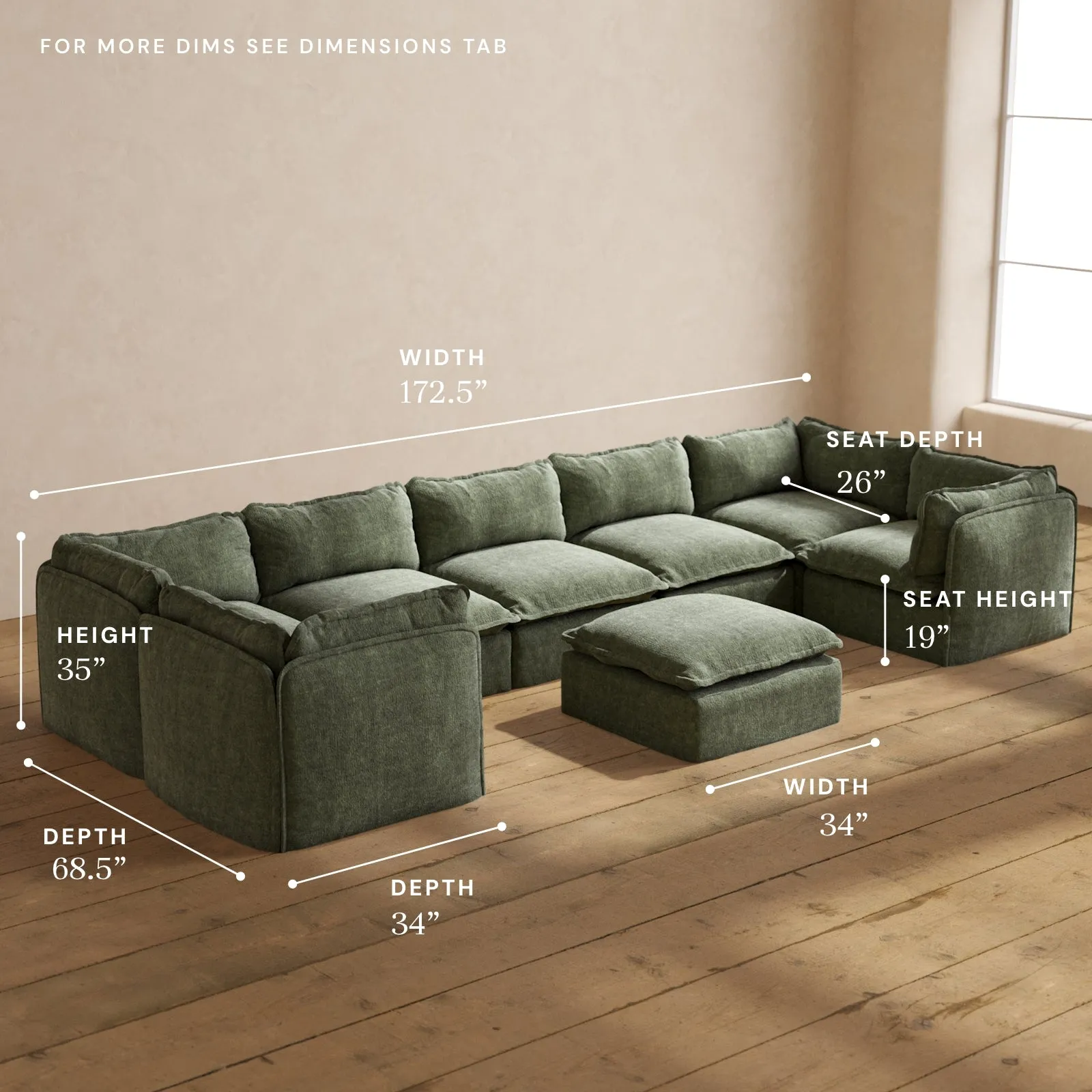 Modular Performance 7-Seater U-Sectional   Ottoman in Willow | Deluxe Blend