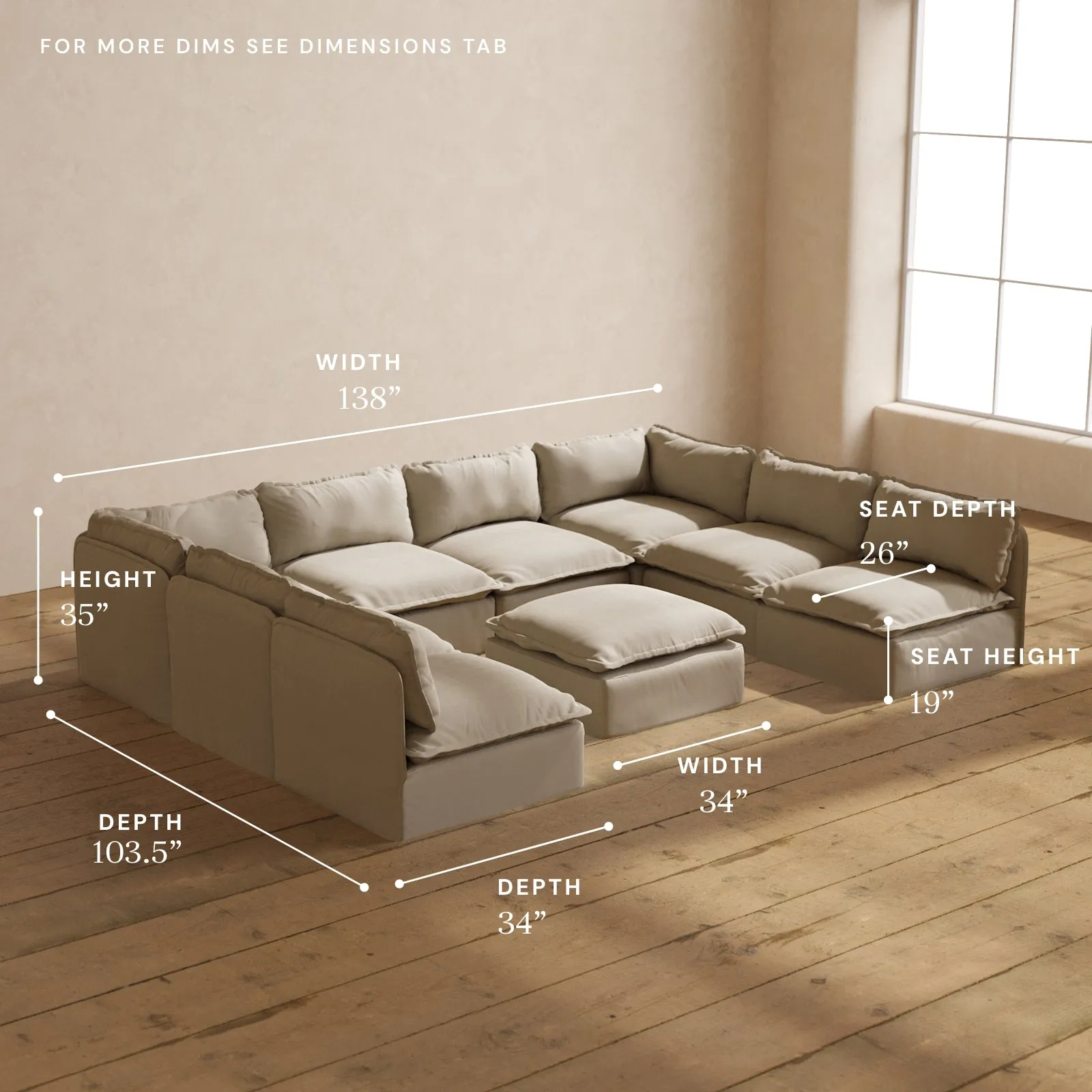 Modular Performance 8-Seater Open-Ends U-Sectional   Ottoman in Dune | Deluxe Blend