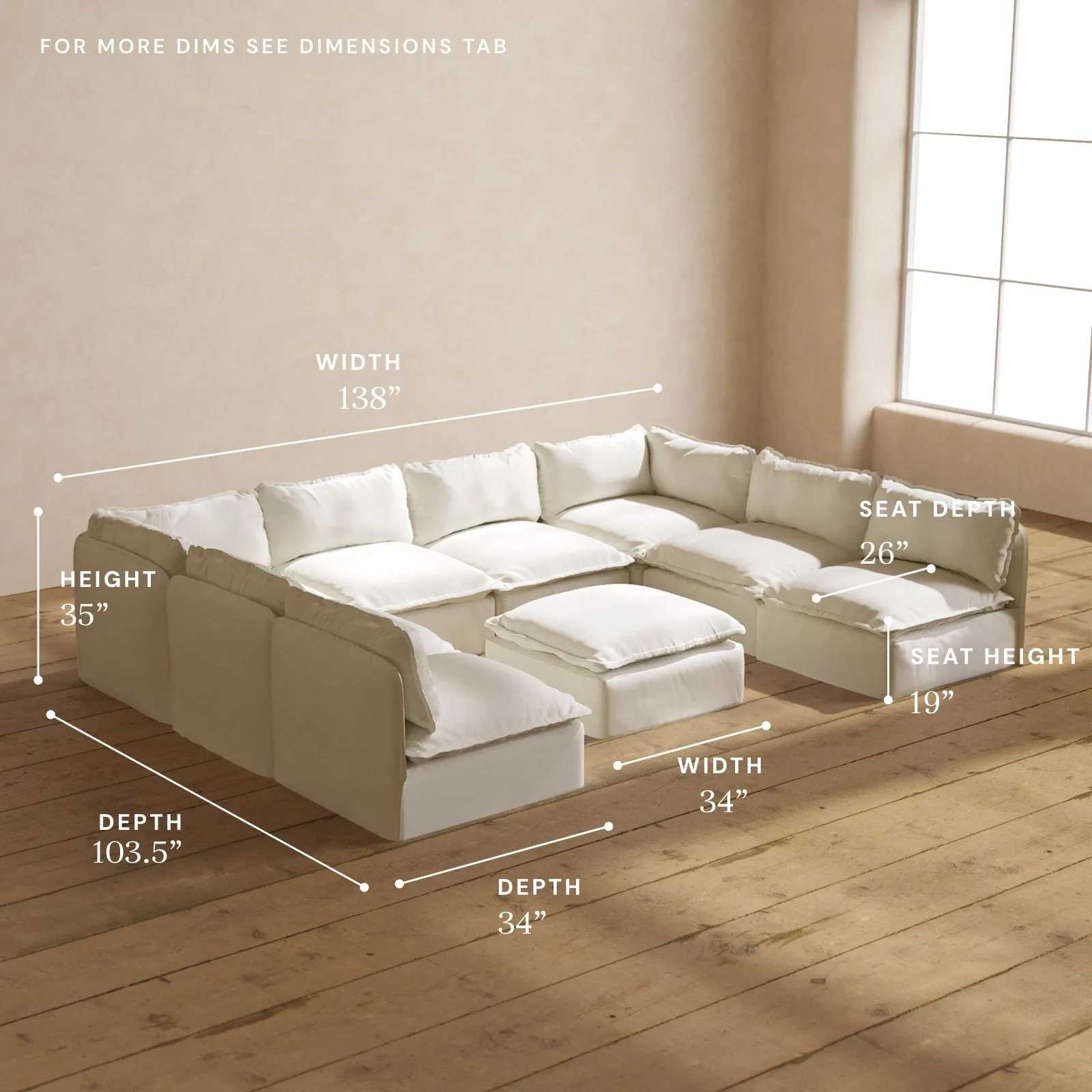 Modular Performance 8-Seater Open-Ends U-Sectional   Ottoman in Eggshell | Deluxe Blend