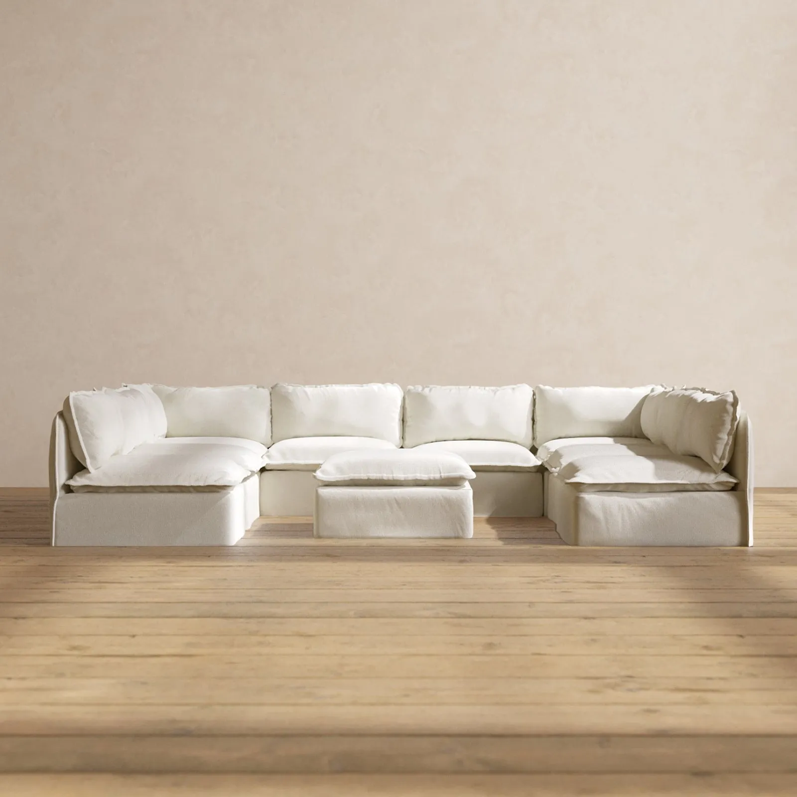 Modular Performance 8-Seater Open-Ends U-Sectional   Ottoman in Eggshell | Deluxe Blend