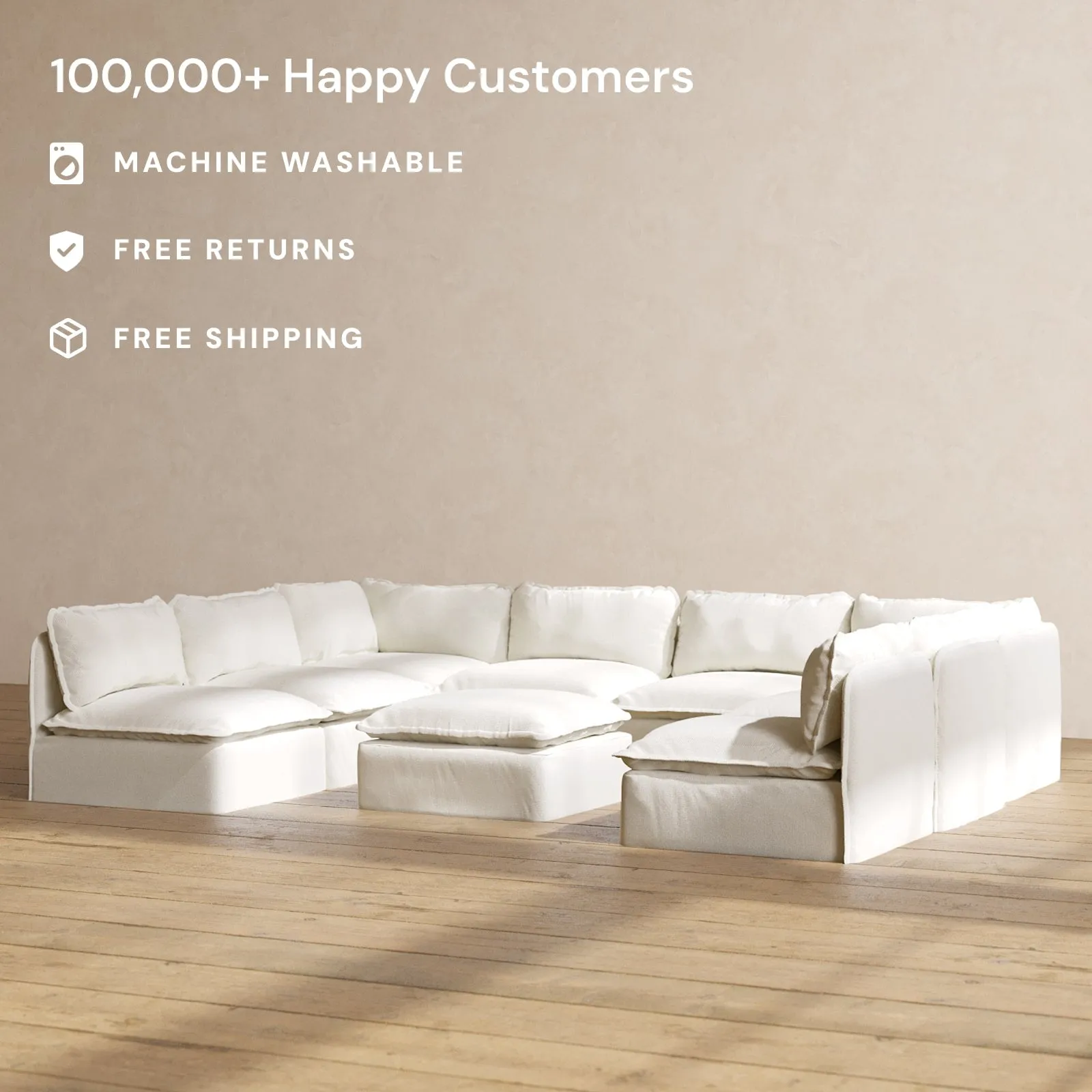 Modular Performance 8-Seater Open-Ends U-Sectional   Ottoman in Eggshell | Deluxe Blend