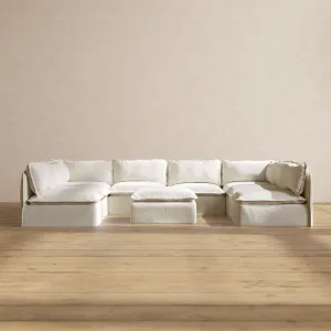 Modular Performance 8-Seater Open-Ends U-Sectional   Ottoman in Eggshell | Relaxed Blend