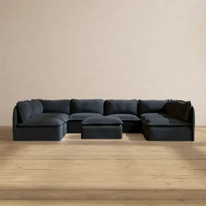 Modular Performance 8-Seater Open-Ends U-Sectional   Ottoman in Indigo | Relaxed Blend