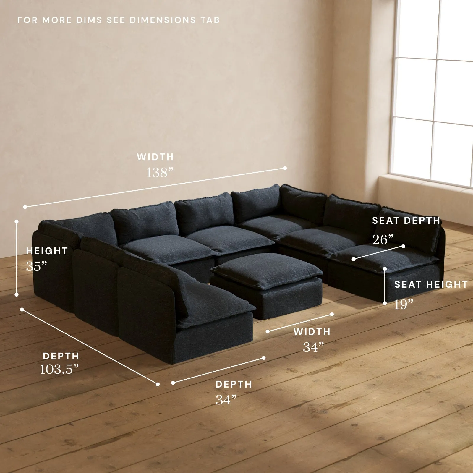 Modular Performance 8-Seater Open-Ends U-Sectional   Ottoman in Indigo | Relaxed Blend