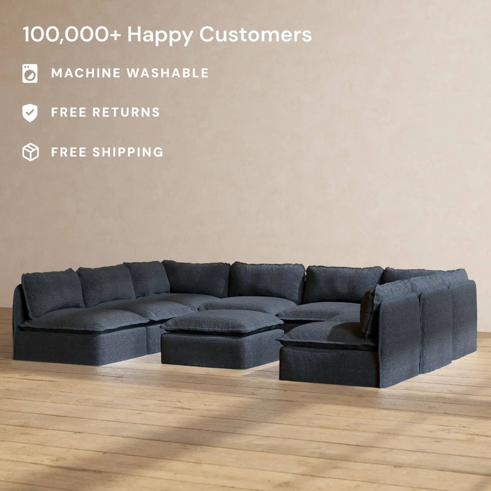Modular Performance 8-Seater Open-Ends U-Sectional   Ottoman in Indigo | Relaxed Blend