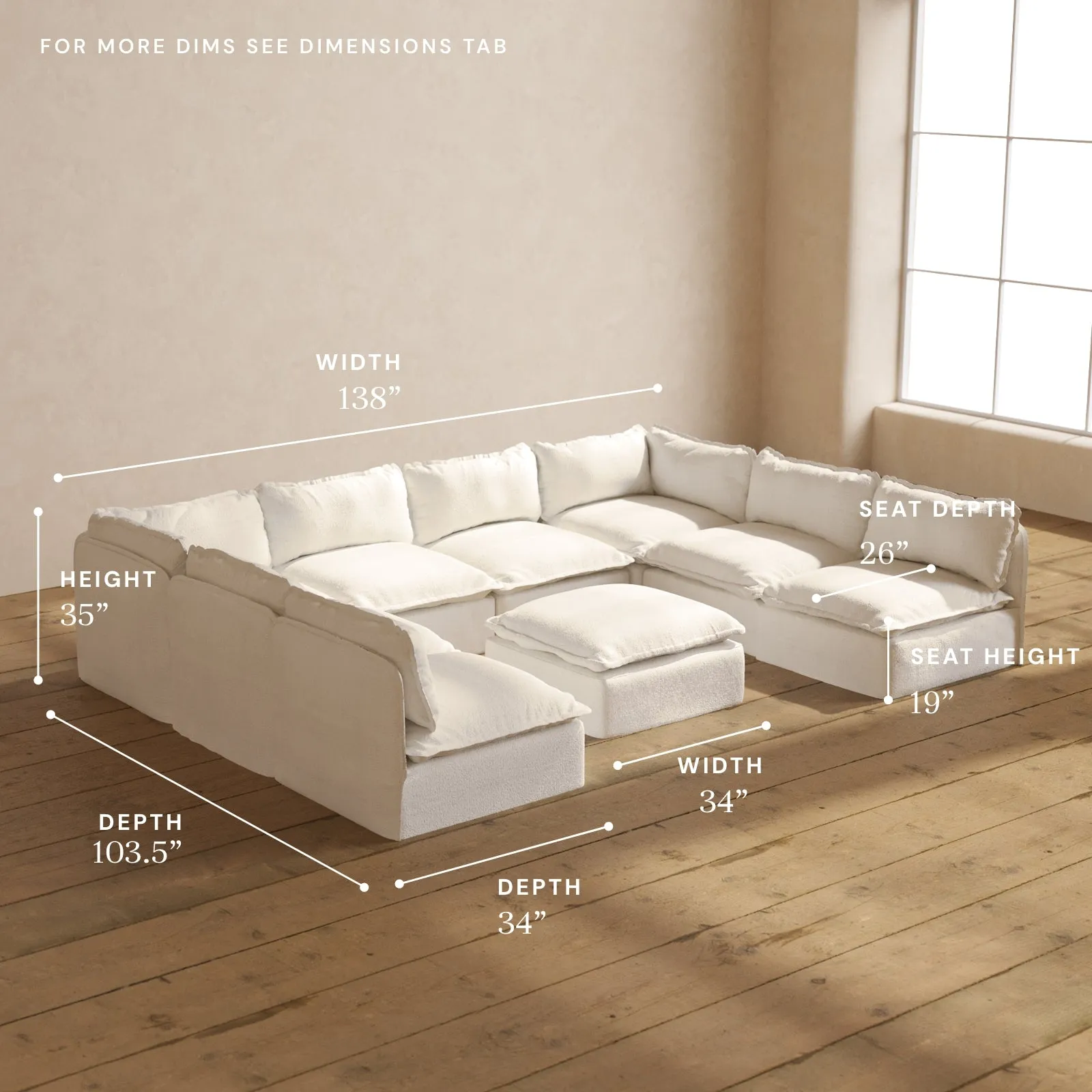 Modular Performance 8-Seater Open-Ends U-Sectional   Ottoman in Mousse | Deluxe Blend