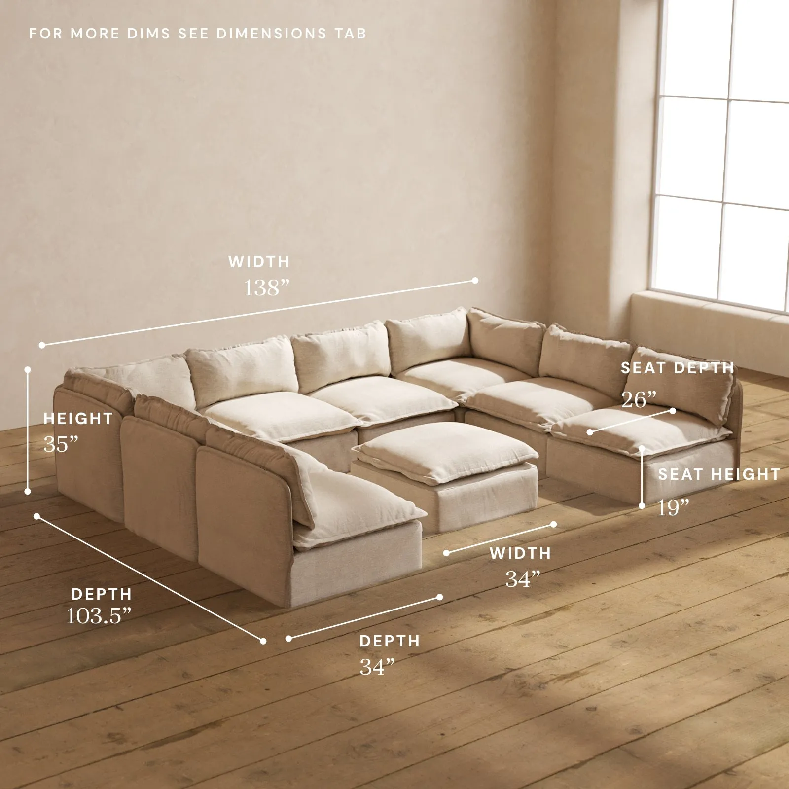 Modular Performance 8-Seater Open-Ends U-Sectional   Ottoman in Oat | Deluxe Blend