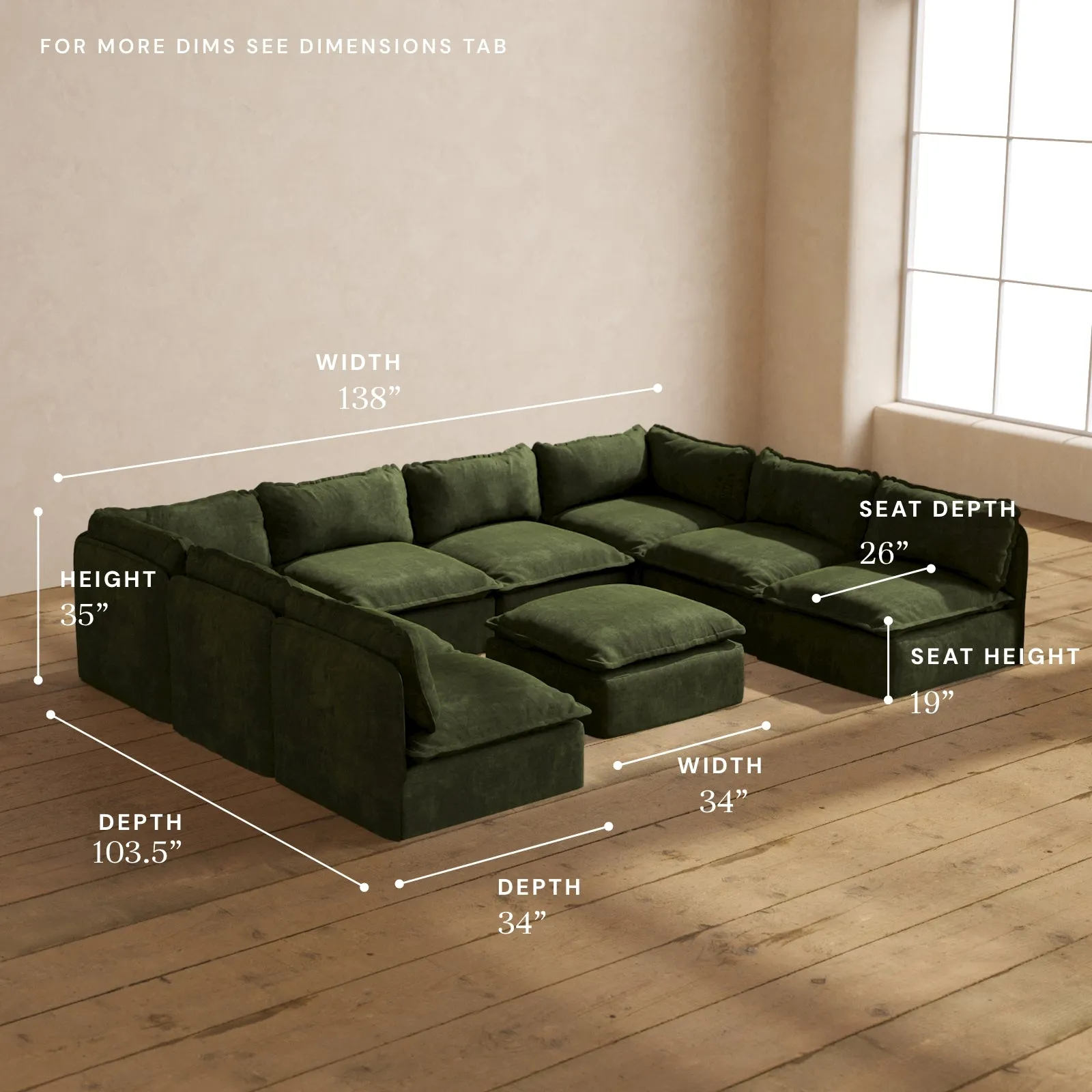Modular Performance 8-Seater Open-Ends U-Sectional   Ottoman in Olive | Deluxe Blend