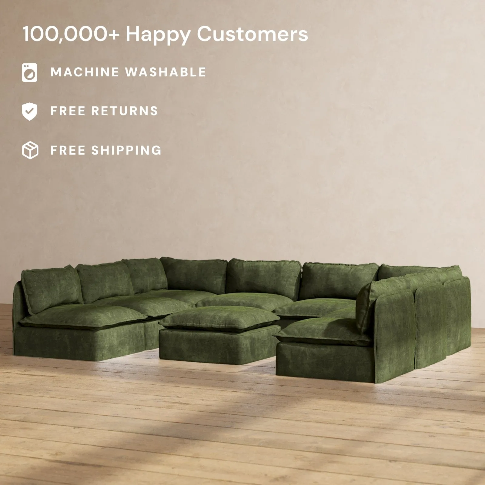 Modular Performance 8-Seater Open-Ends U-Sectional   Ottoman in Olive | Deluxe Blend