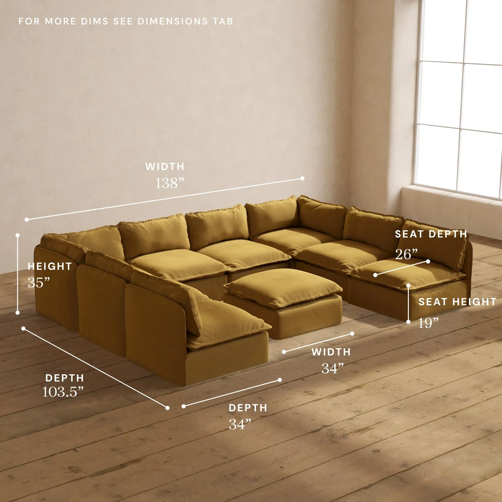 Modular Performance 8-Seater Open-Ends U-Sectional   Ottoman in Toffee | Relaxed Blend