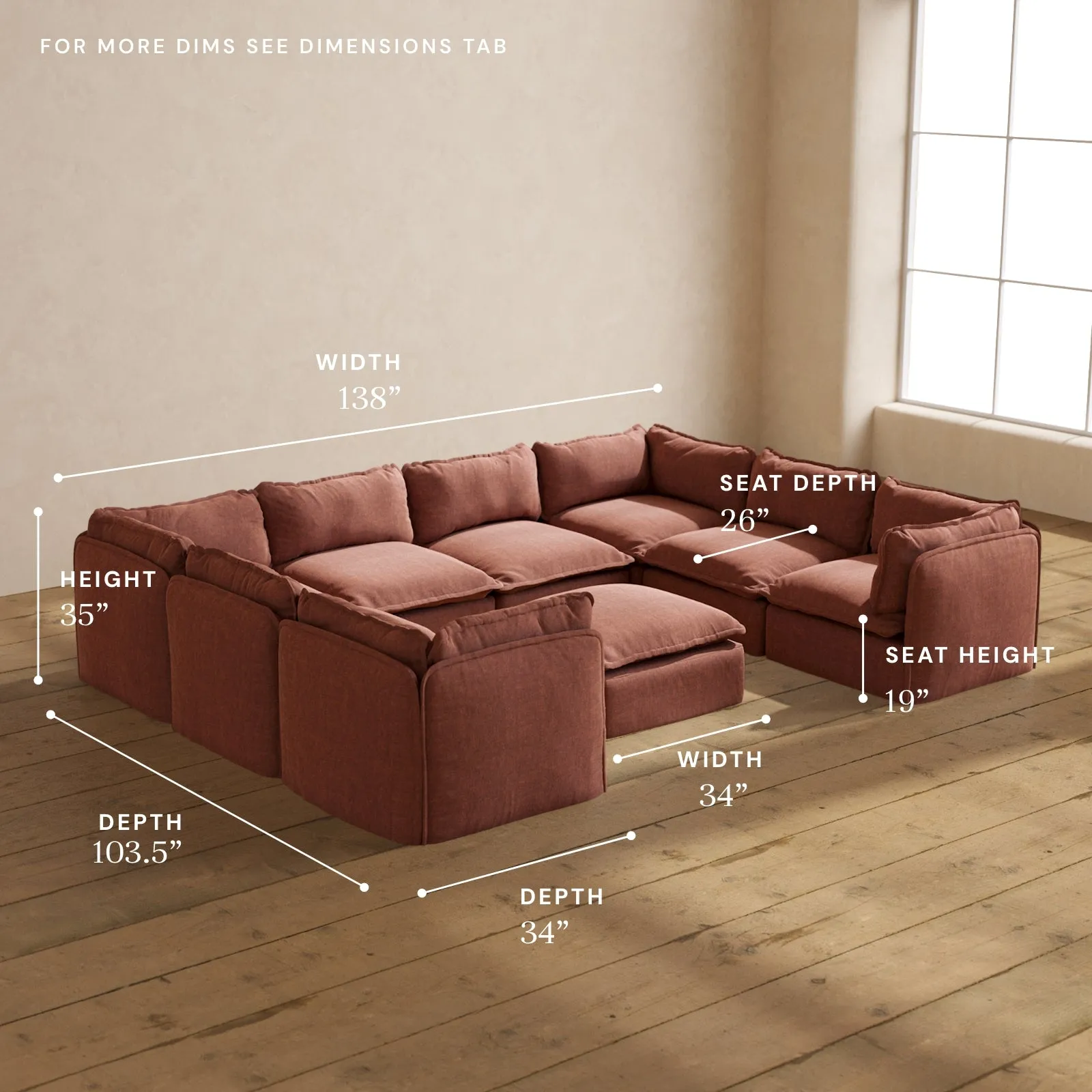 Modular Performance 8-Seater U-Sectional   Ottoman in Chestnut | Deluxe Blend