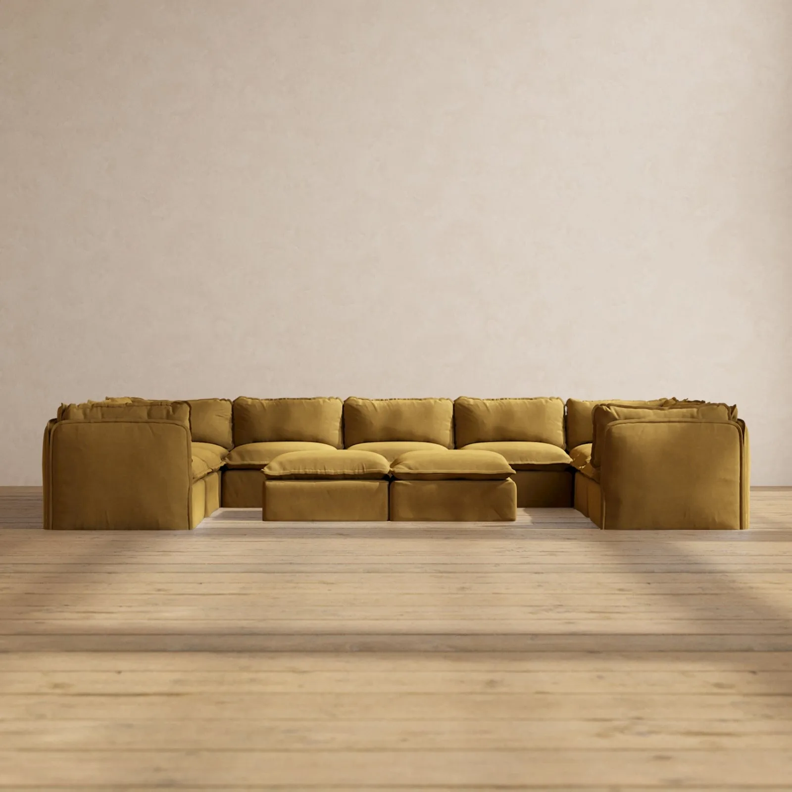 Modular Performance 9-Seater U-Sectional   Bench Ottoman in Toffee | Relaxed Blend