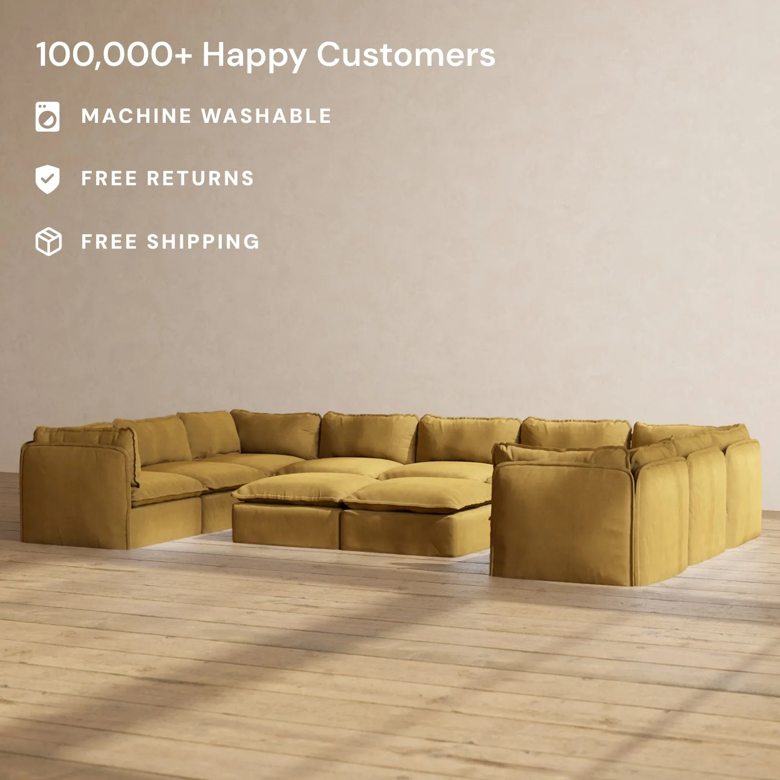 Modular Performance 9-Seater U-Sectional   Bench Ottoman in Toffee | Relaxed Blend