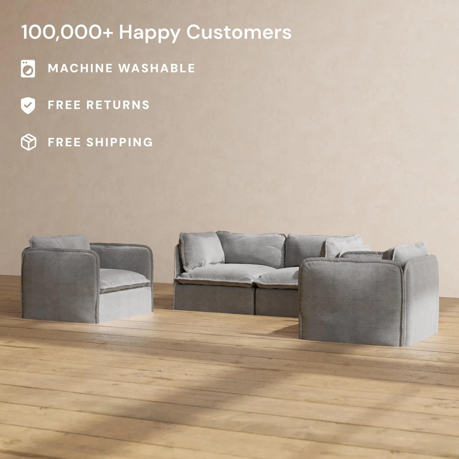 Modular Washable 2-Seater Sofa   Armchair Set in Ash | Deluxe  Seat | Cloud Pillow