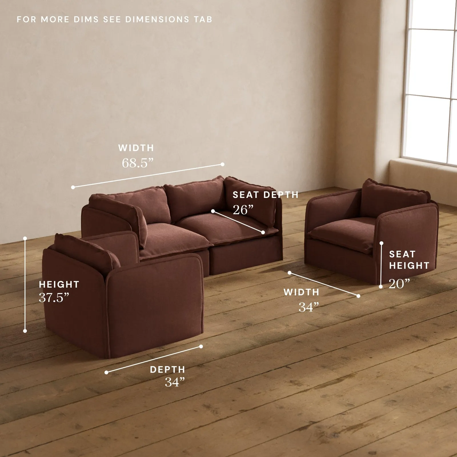Modular Washable 2-Seater Sofa   Armchair Set in Chestnut | Memorix  Seat | Contour Pillow