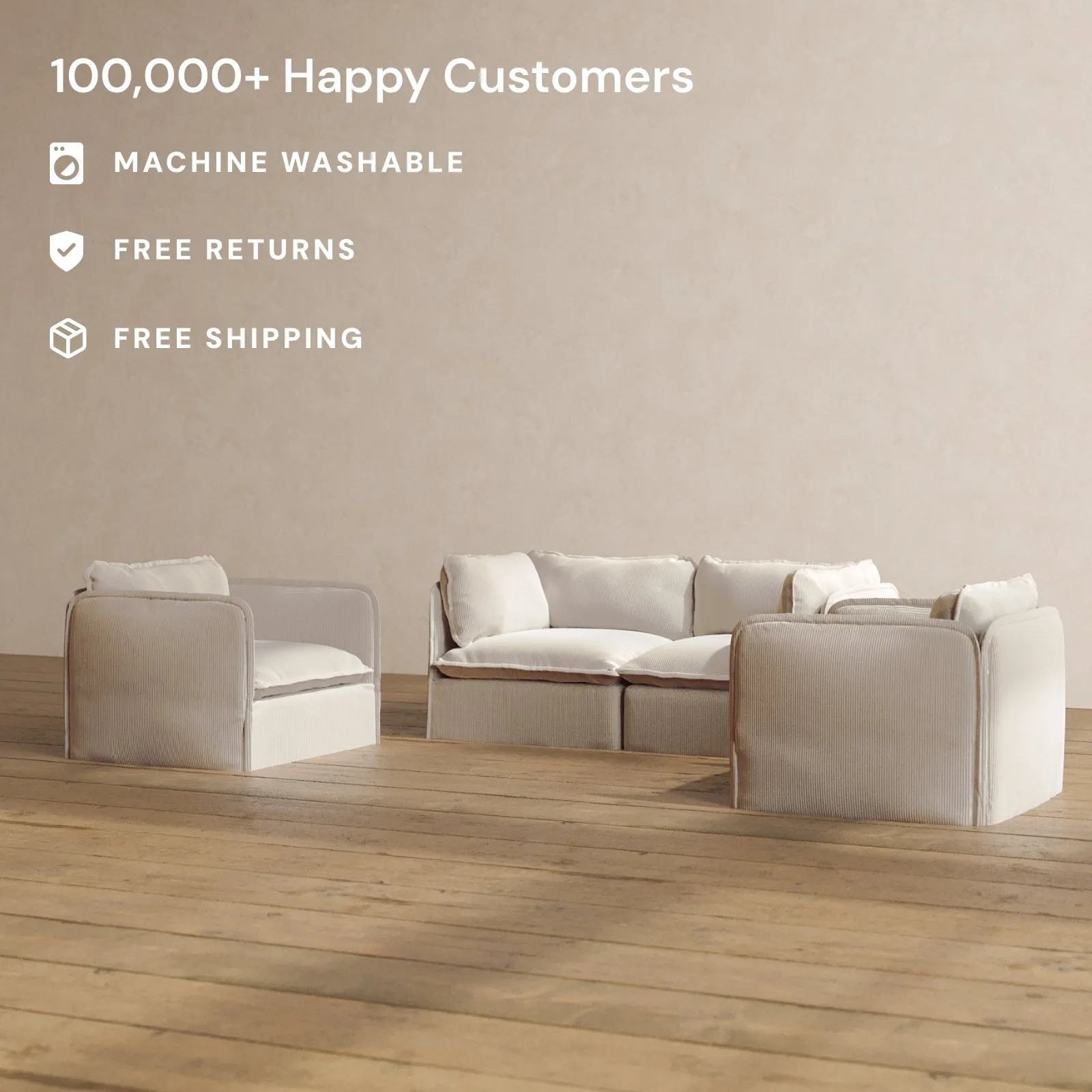 Modular Washable 2-Seater Sofa   Armchair Set in Milk | Memorix  Seat | Contour Pillow
