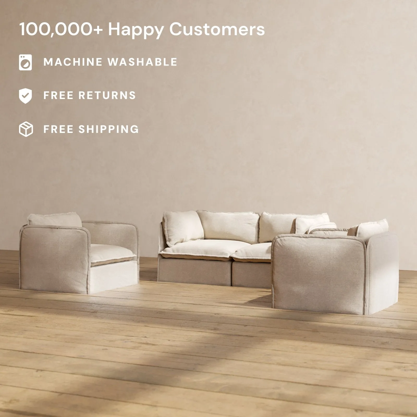 Modular Washable 2-Seater Sofa   Armchair Set in Oat | Memorix  Seat | Contour Pillow