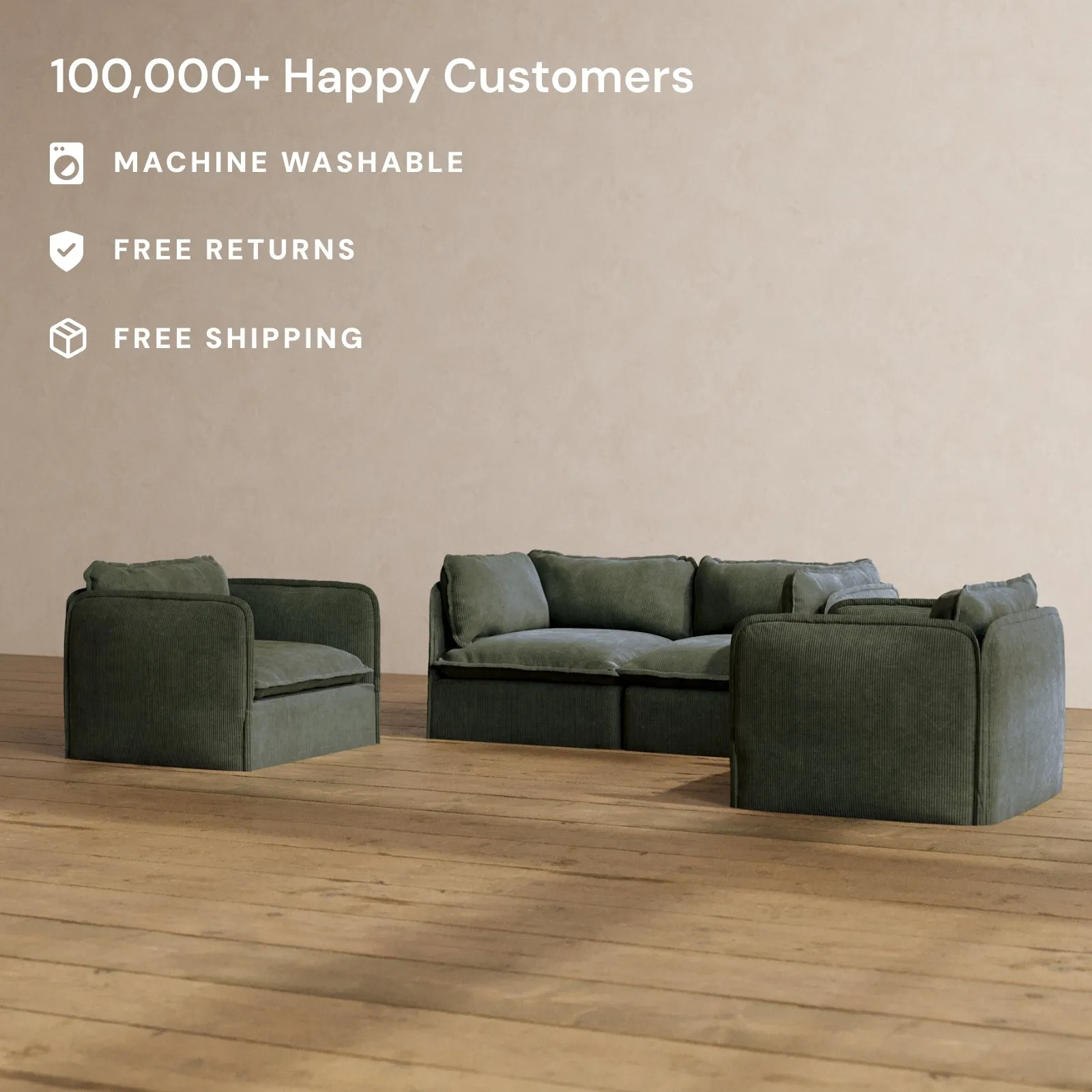 Modular Washable 2-Seater Sofa   Armchair Set in Olivine | Memorix  Seat | Contour Pillow