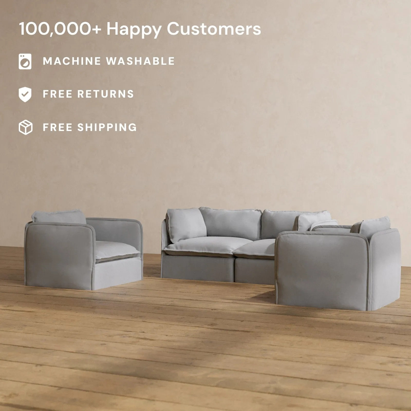 Modular Washable 2-Seater Sofa   Armchair Set in Pumice | Memorix  Seat | Contour Pillow