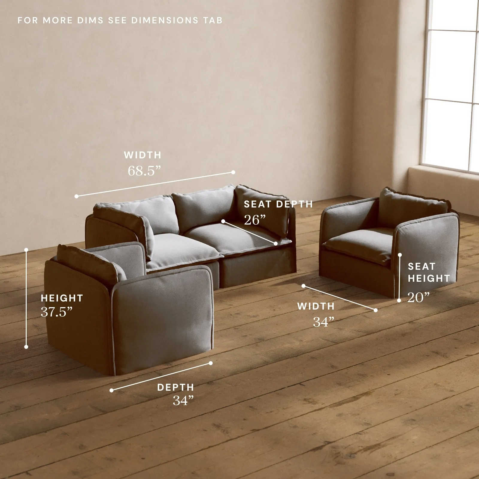 Modular Washable 2-Seater Sofa   Armchair Set in Pumice | Memorix  Seat | Contour Pillow