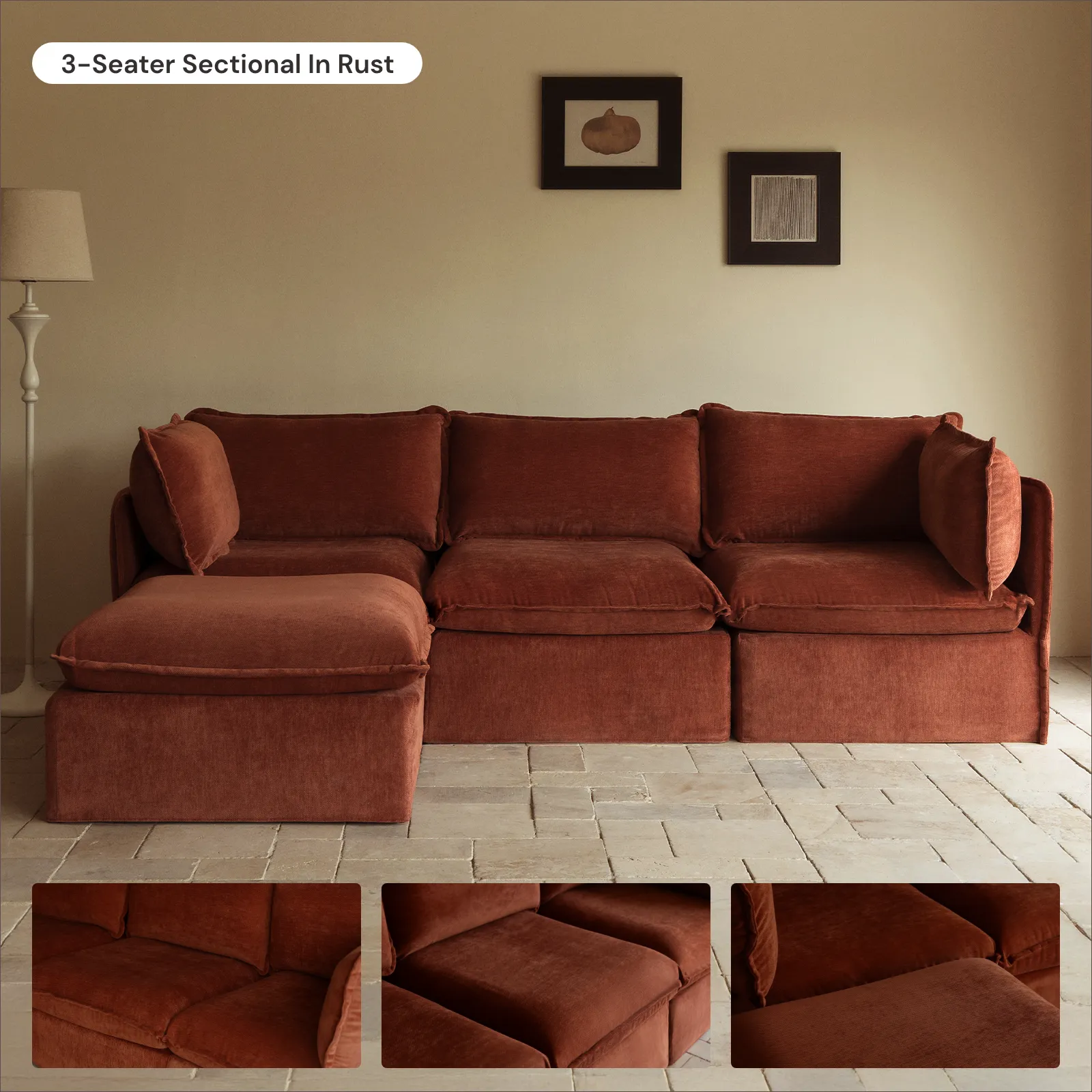 Modular Washable 2-Seater Sofa   Armchair Set in Rust | Deluxe  Seat | Cloud Pillow