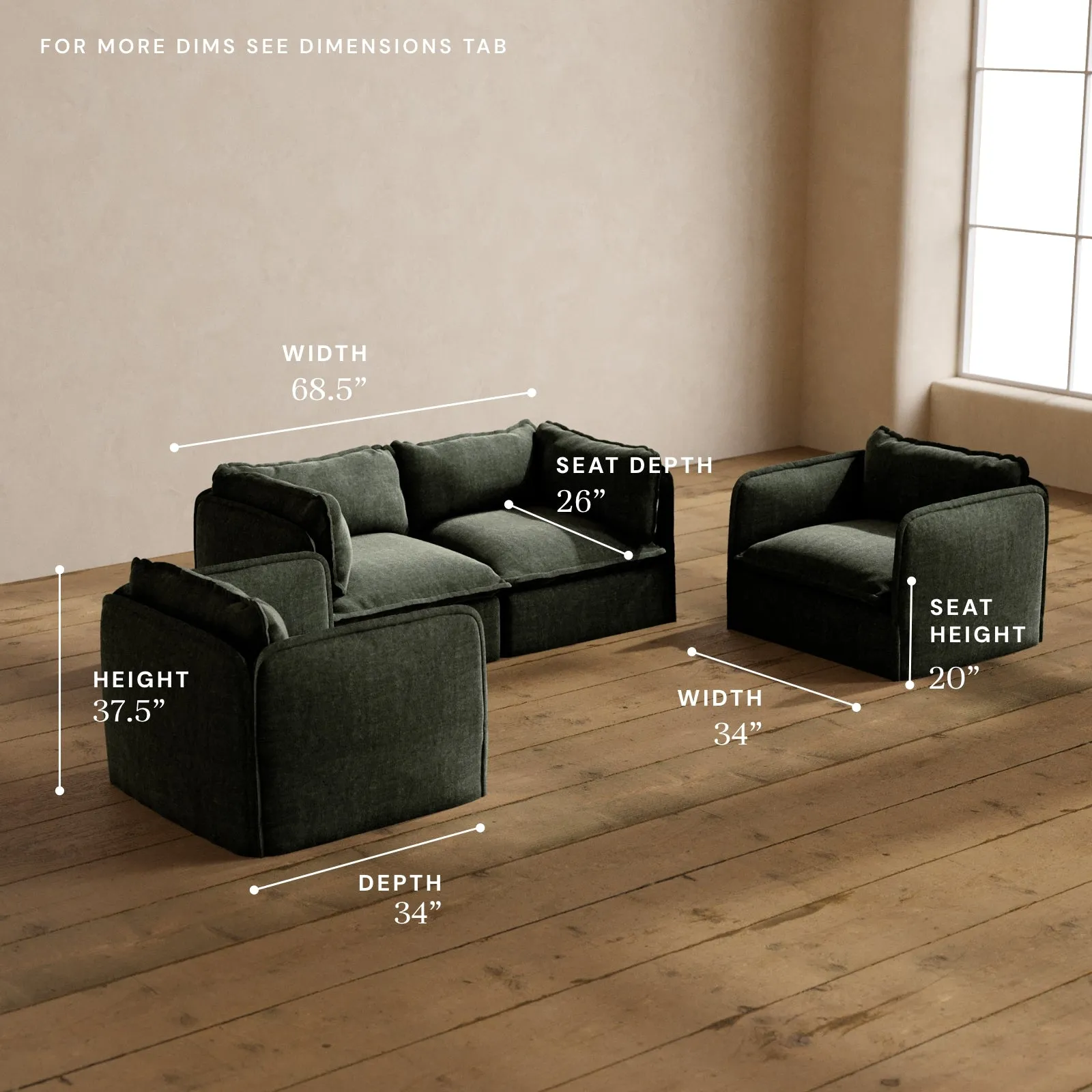 Modular Washable 2-Seater Sofa   Armchair Set in Willow | Deluxe  Seat | Cloud Pillow