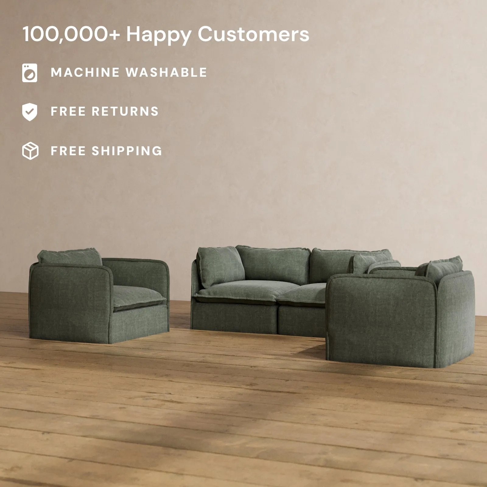 Modular Washable 2-Seater Sofa   Armchair Set in Willow | Memorix  Seat | Contour Pillow