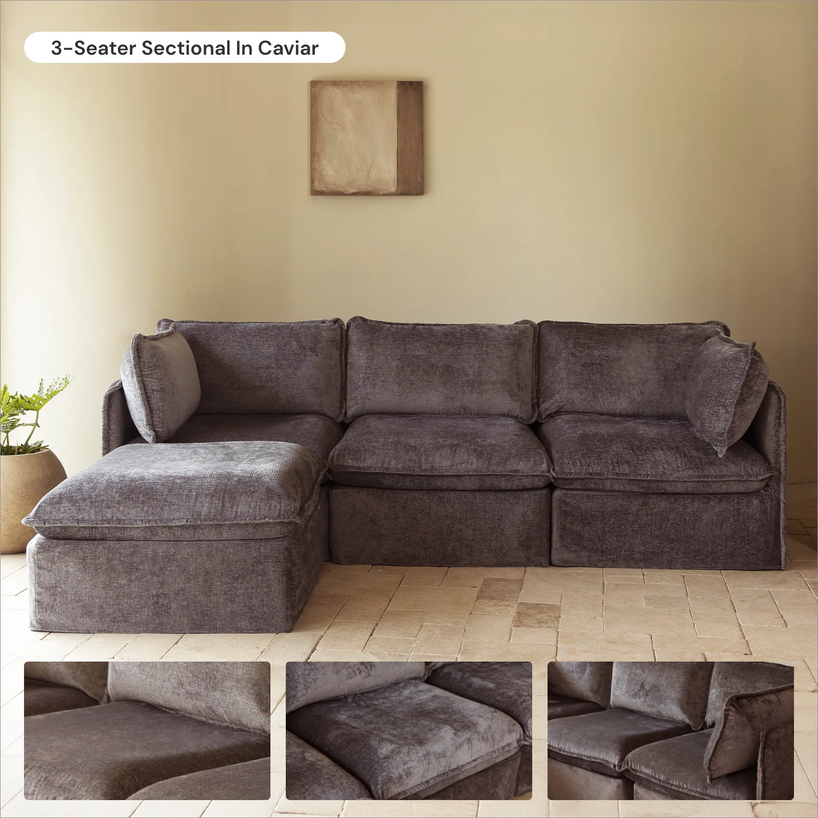 Modular Washable 3-Seater Sofa   Armchair Set in Caviar | Deluxe  Seat | Cloud Pillow