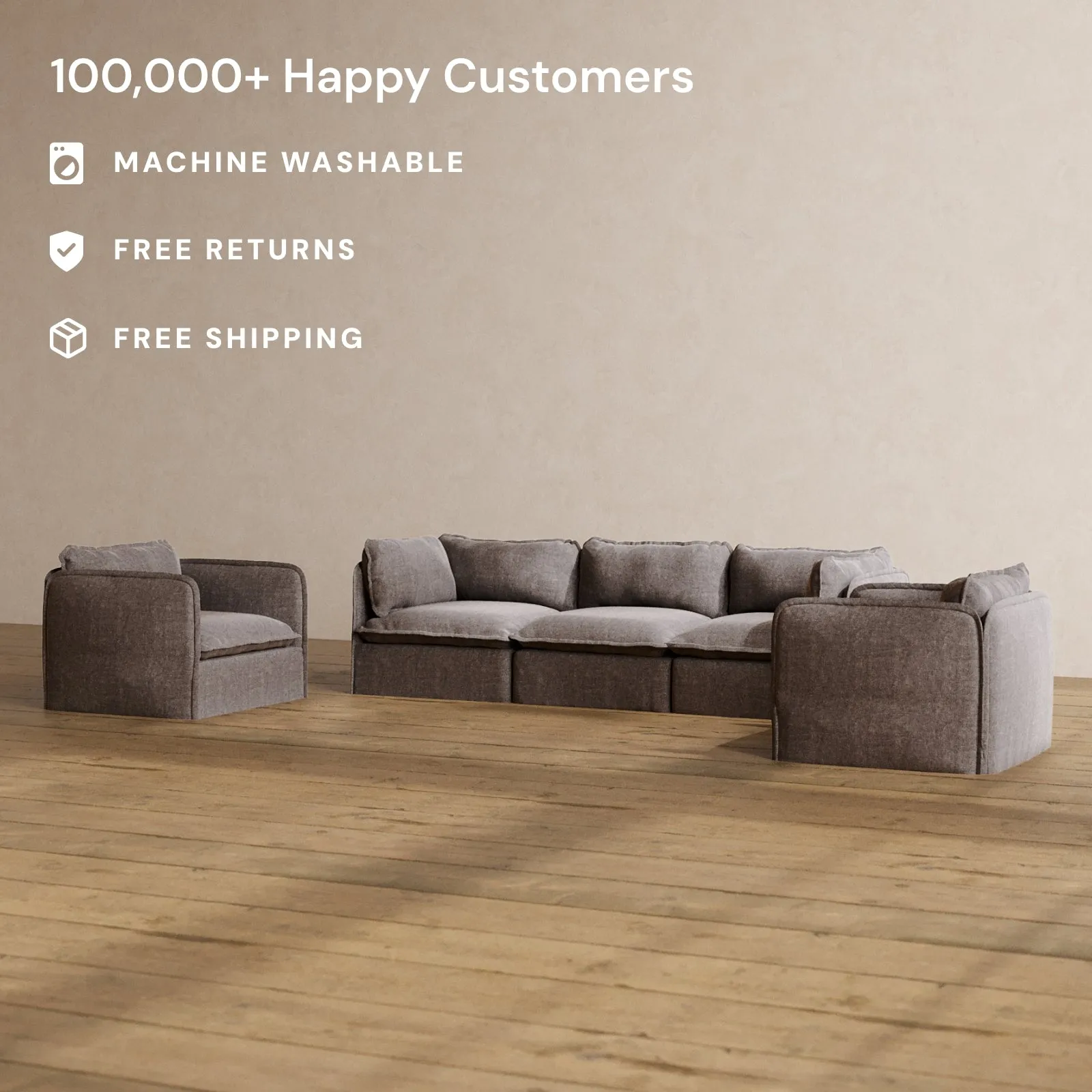 Modular Washable 3-Seater Sofa   Armchair Set in Caviar | Deluxe  Seat | Cloud Pillow