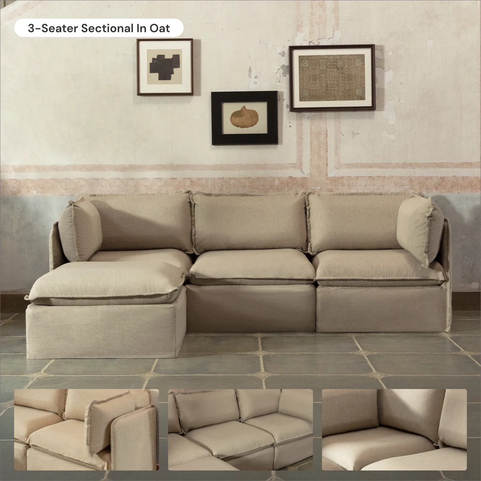 Modular Washable 3-Seater Sofa   Armchair Set in Oat | Deluxe  Seat | Cloud Pillow